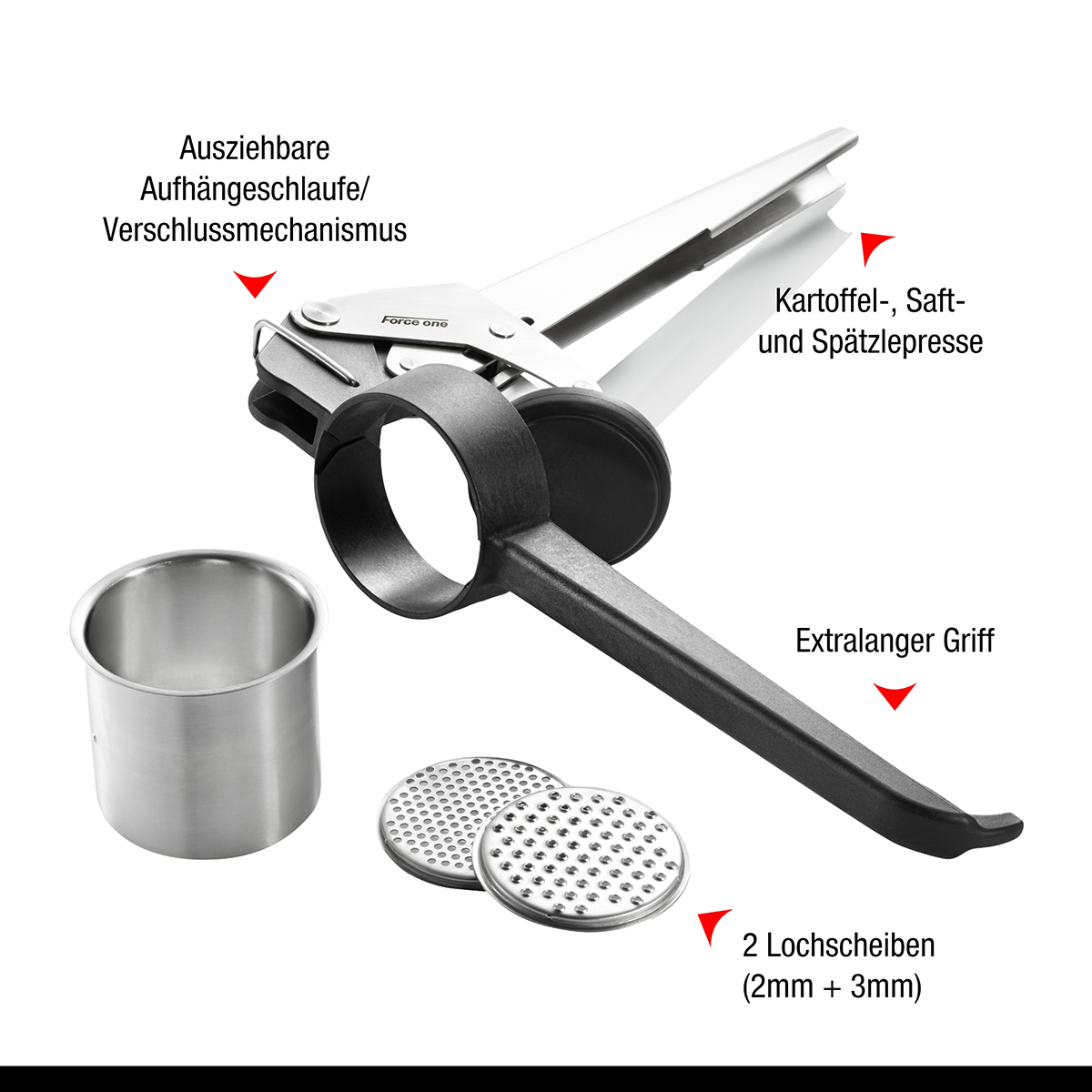 Praska do czosnku z dodatkowymi funkcjami, zdemontowana, z etykietami.