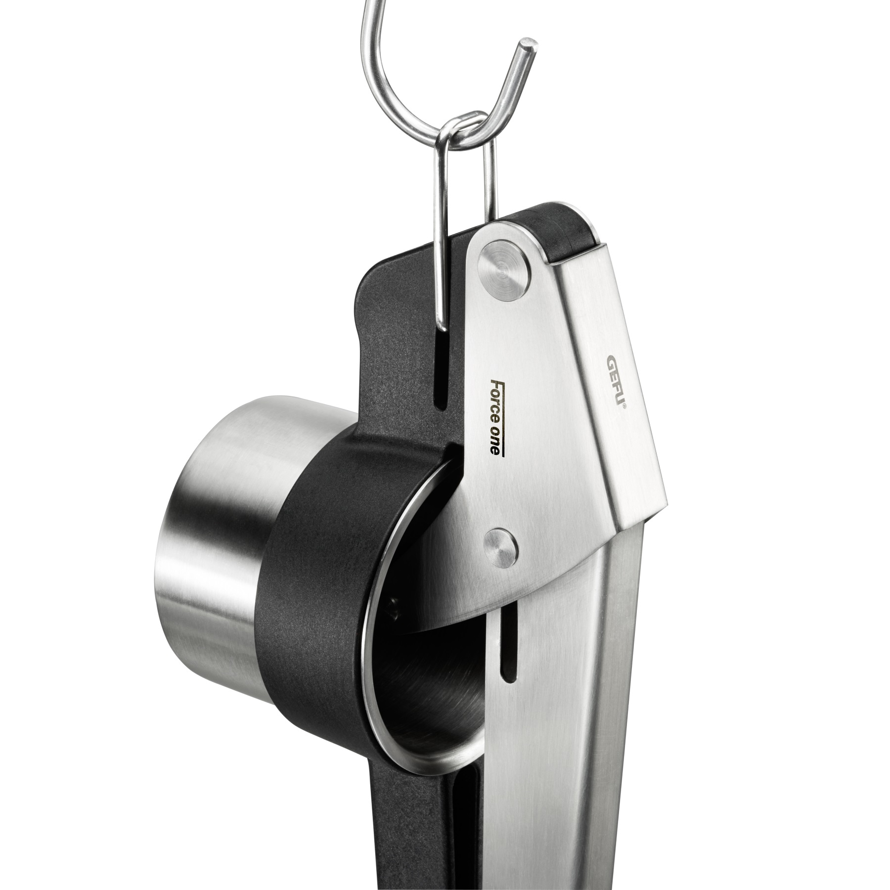 Praska do czosnku ze stali nierdzewnej zawieszona na haczyku. Etykieta głosi 'Force one'.