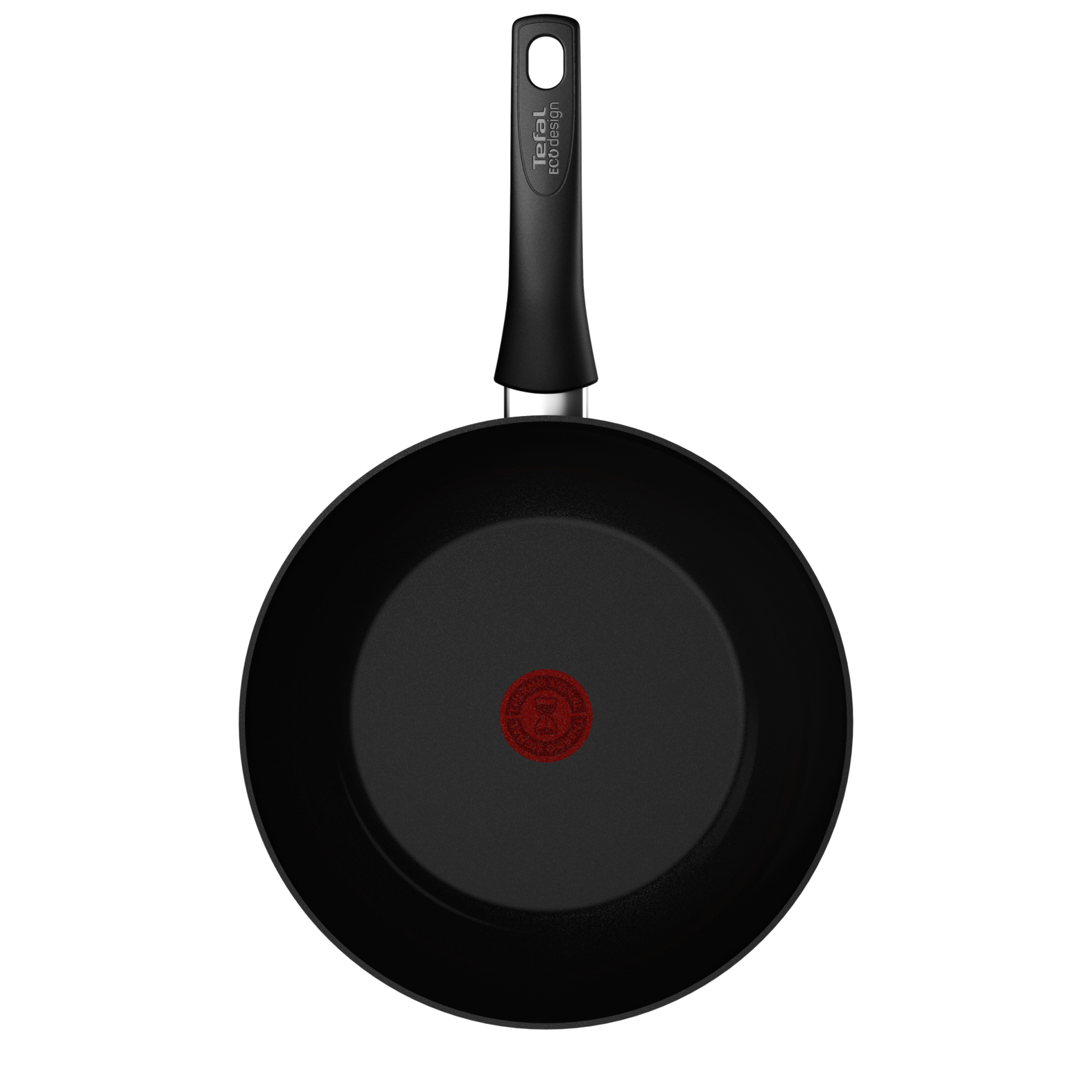 Czarna patelnia z długim czarnym uchwytem. Patelnia ma czerwone koło pośrodku. Białe tło.