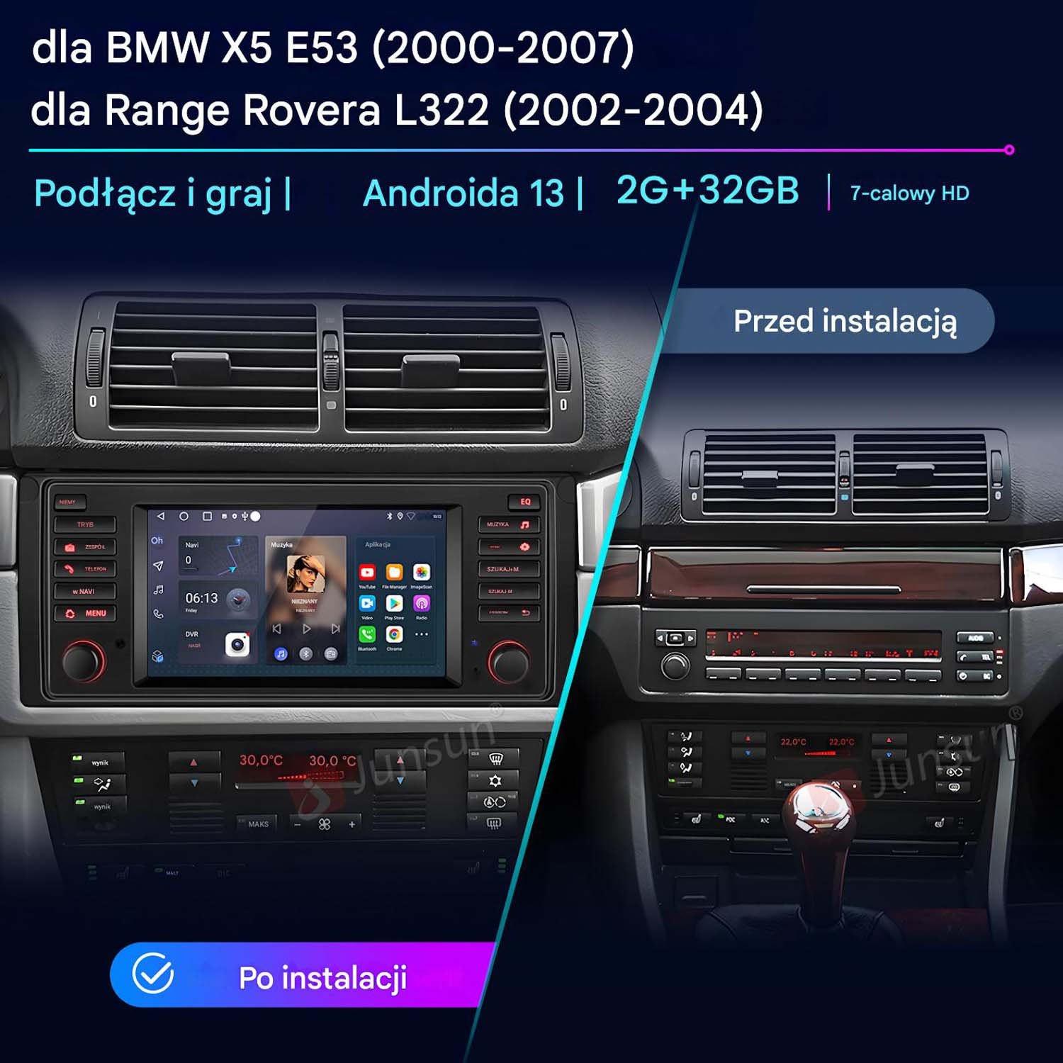 Radio samochodowe zamontowane w desce rozdzielczej samochodu, z podzielonym ekranem pokazującym instalację przed i po.