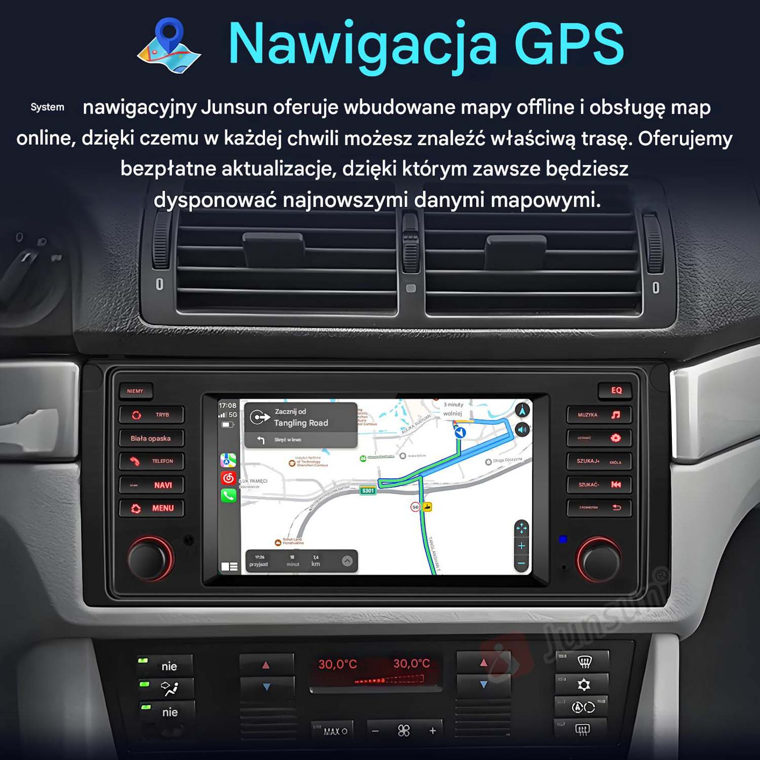 Ekran deski rozdzielczej samochodu wyświetlający interfejs mapy GPS ze szczegółami nawigacji.