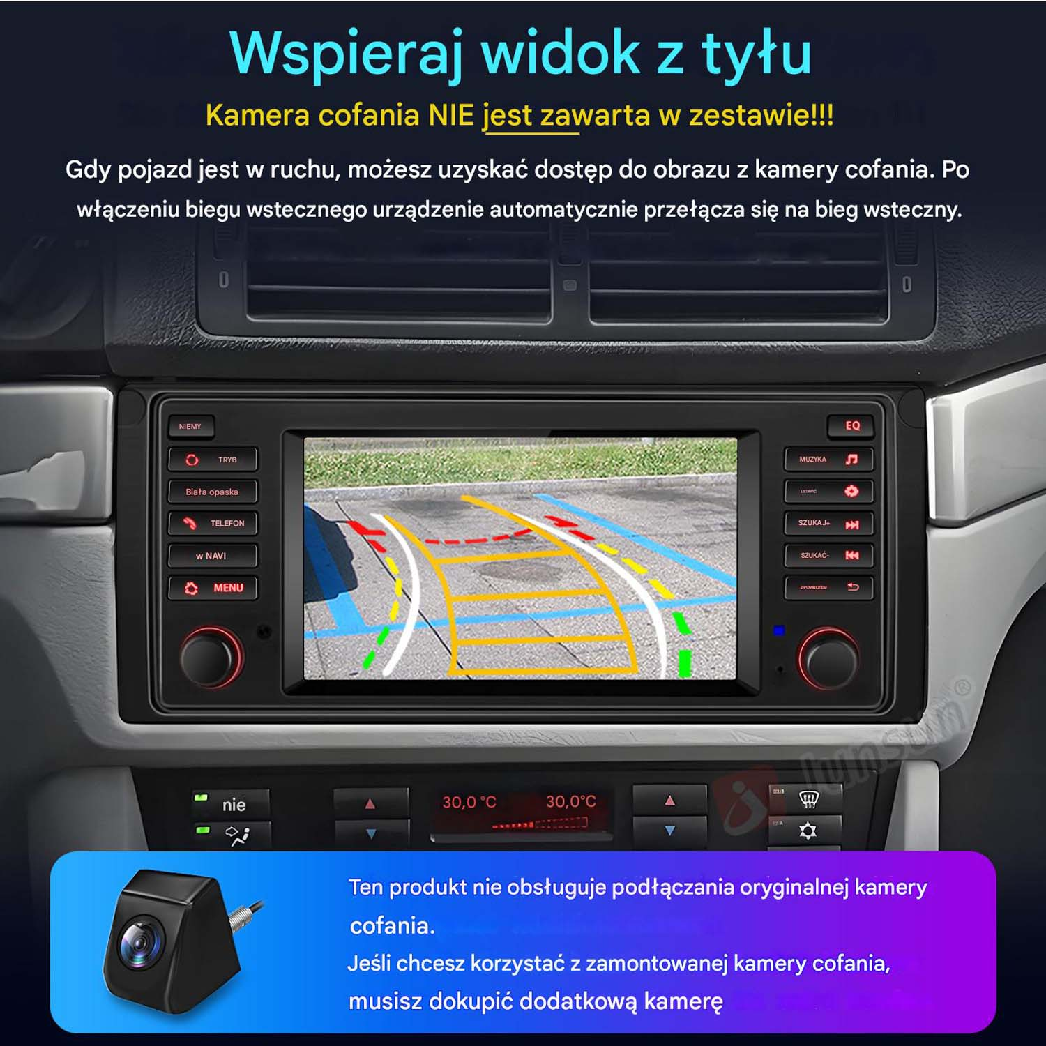 Ekran radia samochodowego pokazujący widok kamery cofania z czarnym modelem kamery.