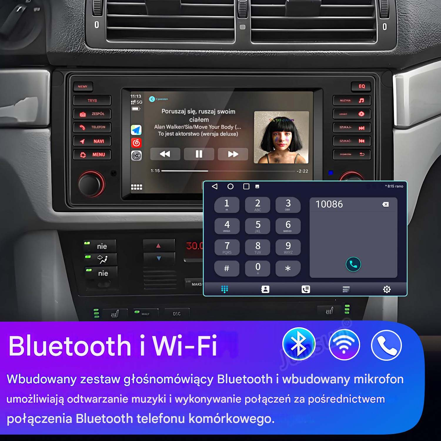 Radio samochodowe wyświetlające klawiaturę telefonu i odtwarzające muzykę z symbolem Bluetooth i Wi-Fi.