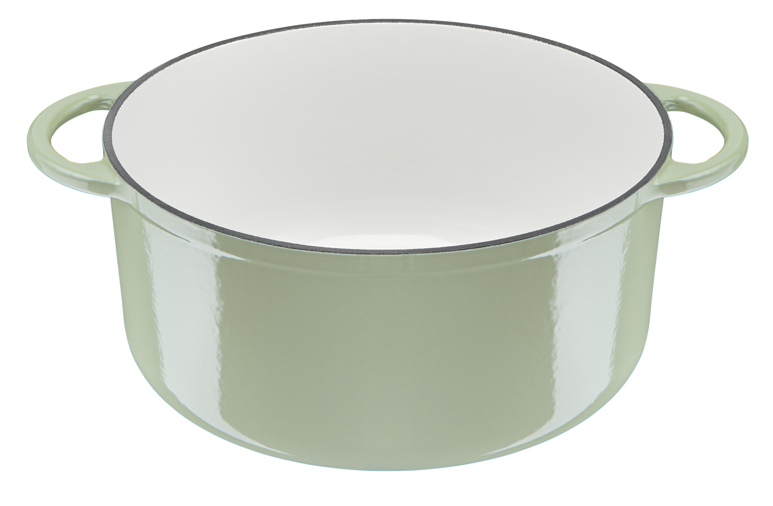 Zielony owalny garnek z uchwytami, czarną obwódką i białym wnętrzem, na białym tle.