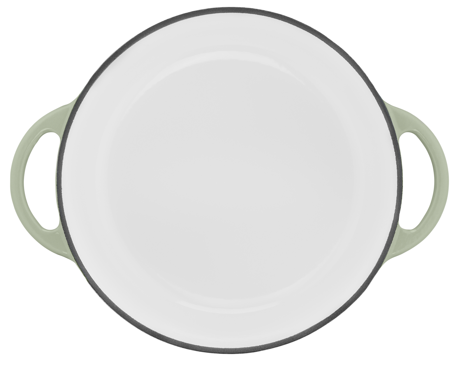 Owalny garnek z białym wnętrzem, zielonymi uchwytami i czarną krawędzią.