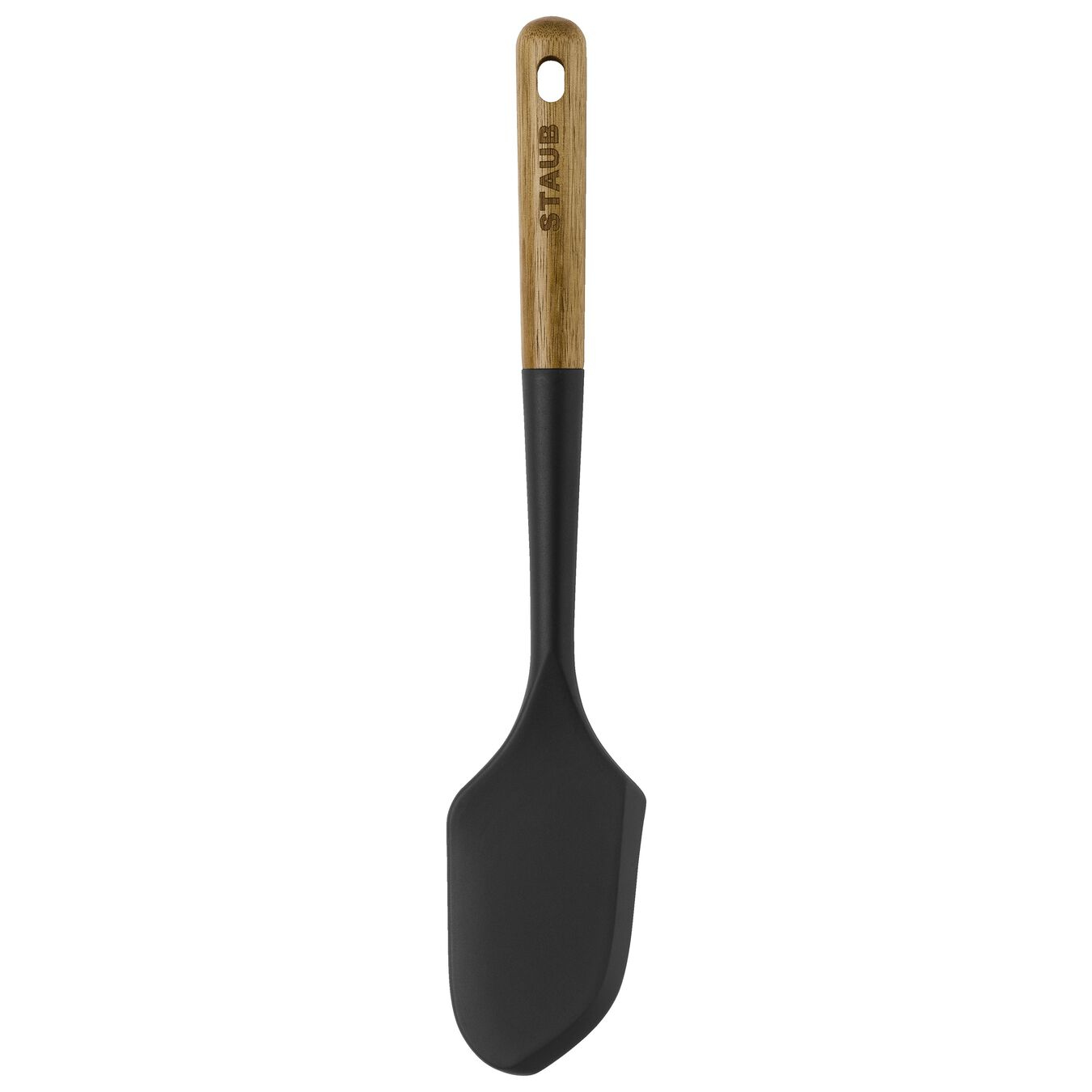 Ahşap sapa 'STAUB' kelimesinin basılı olduğu siyah ve ahşap bir spatula.