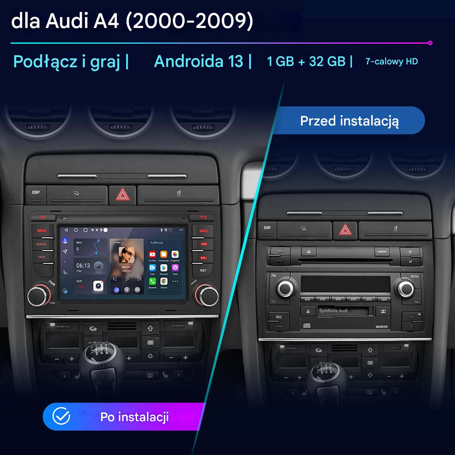 Deska rozdzielcza samochodu: Ekran z interfejsem Android. Tekst: Android 13, 1 GB + 32 GB, 7 cali HD.