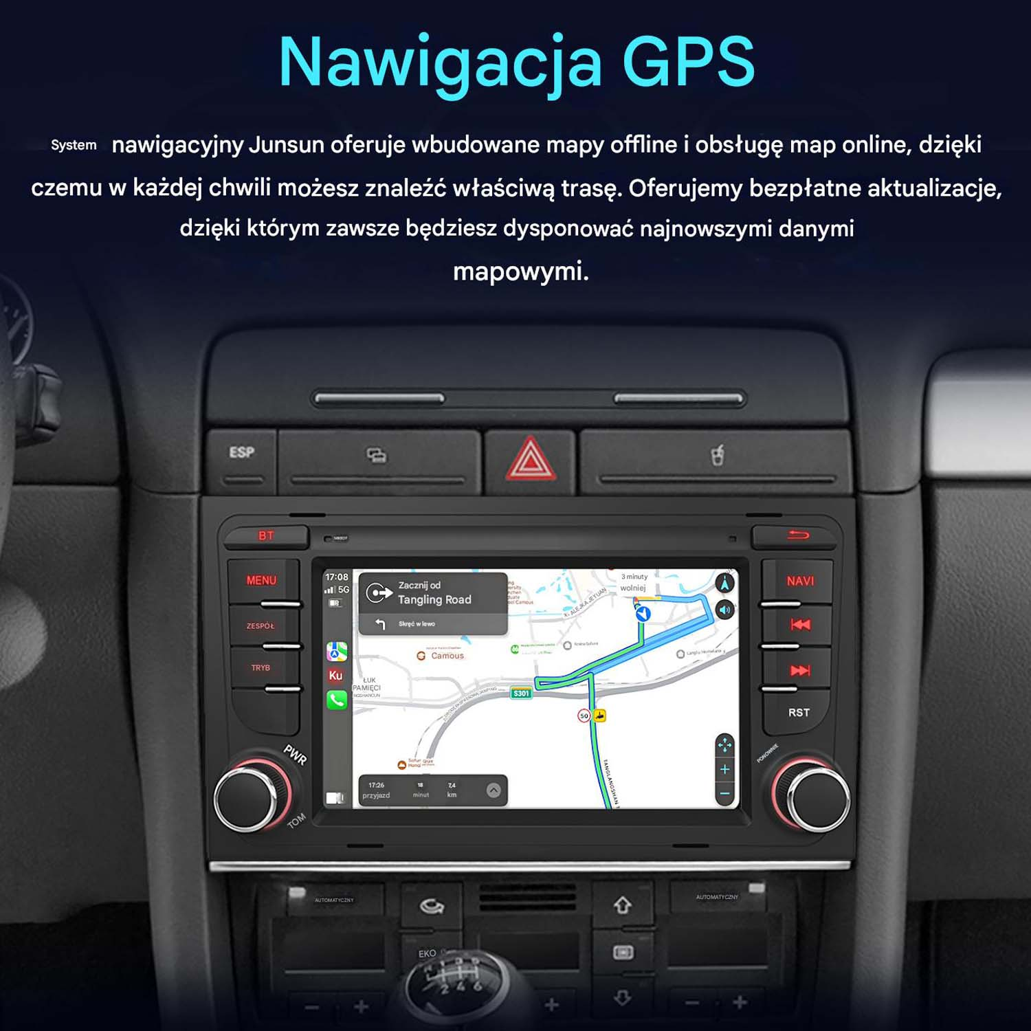 Ekran nawigacji w samochodzie. Pokazuje mapę i trasę. Zawiera przyciski i wyświetlacz cyfrowy.