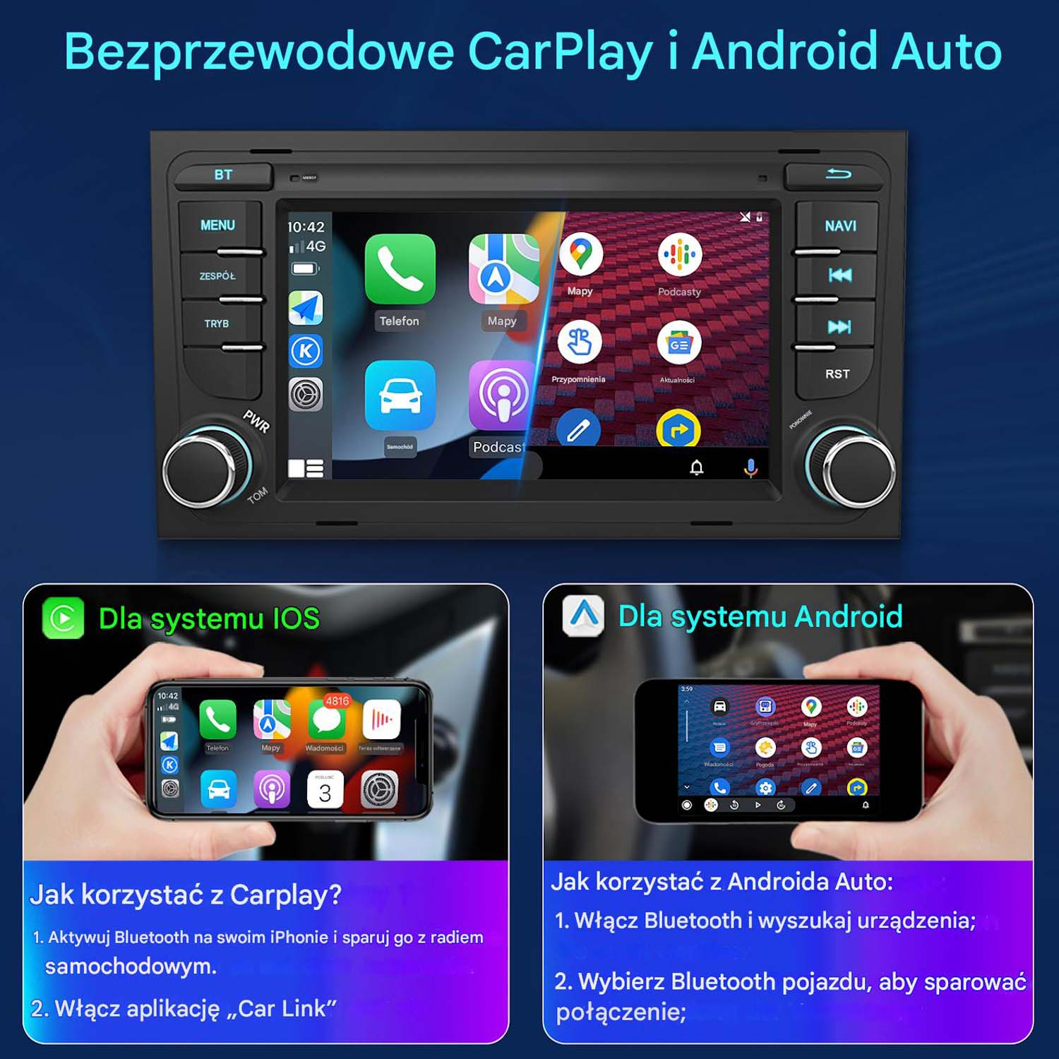 Deska rozdzielcza samochodu z ekranem pokazującym CarPlay i Android Auto, ikony telefonu. Wyświetlono dwa telefony.