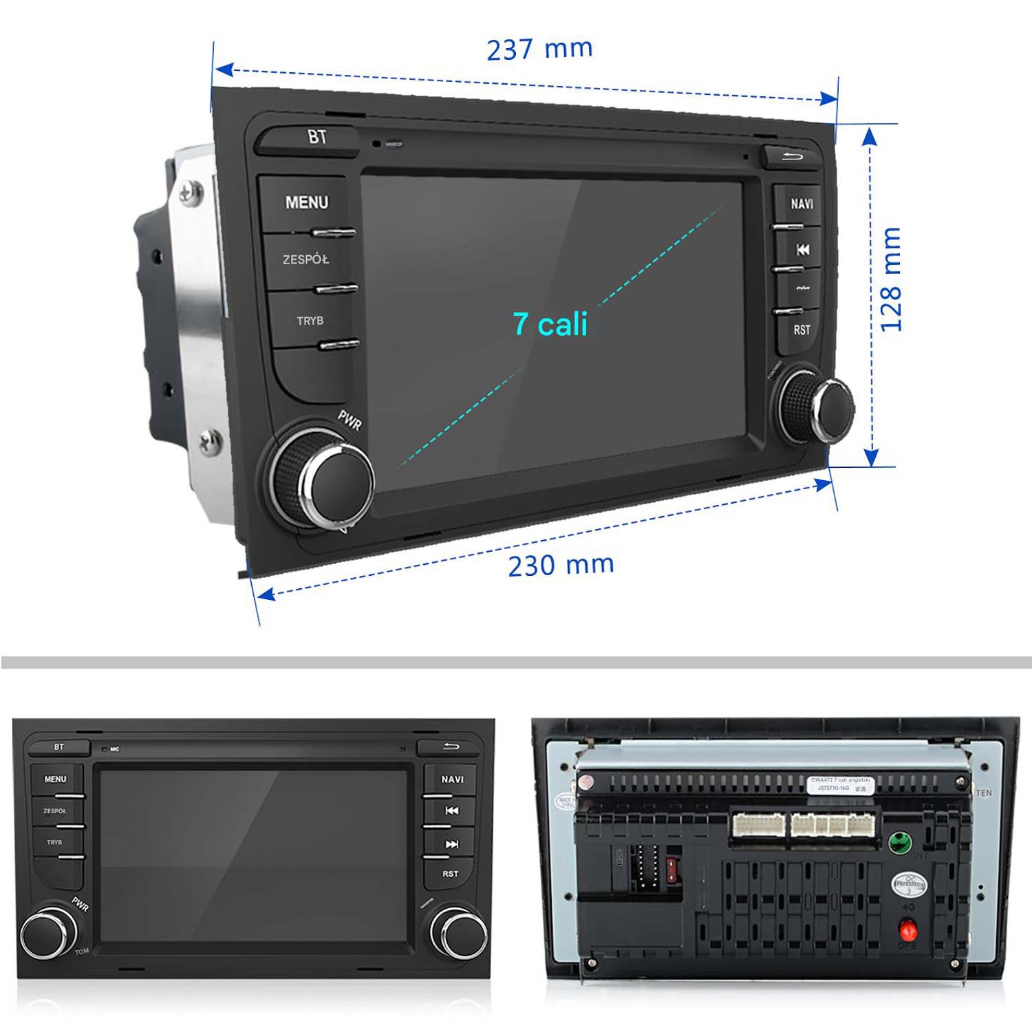 Radio samochodowe z przyciskami i wymiarami. Czarny panel.