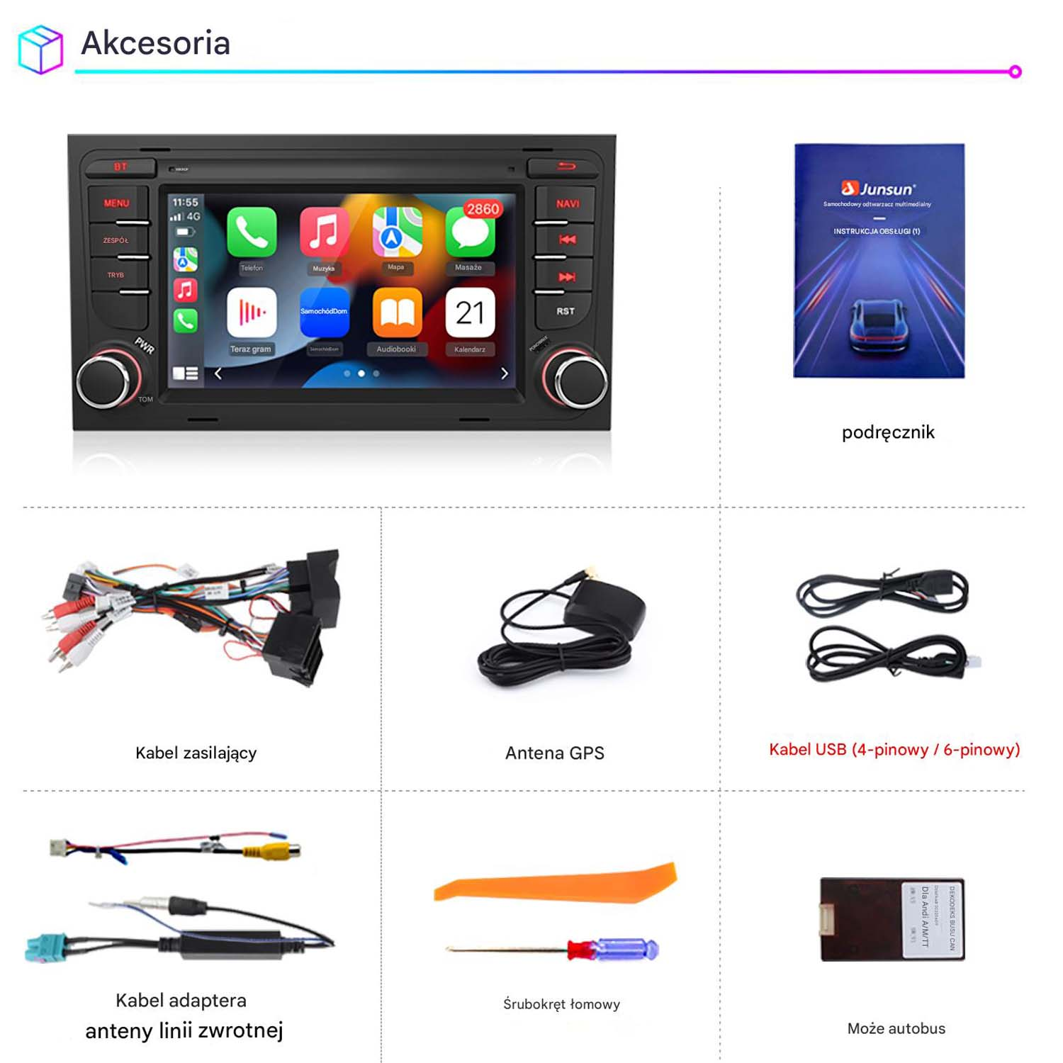 Akcesoria do radia samochodowego, w tym radio, kable i instrukcja, na białym tle.