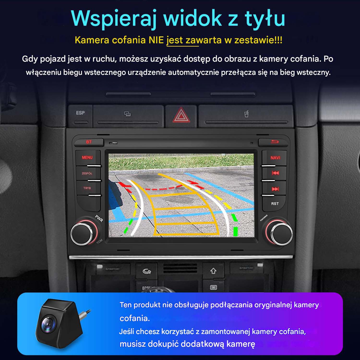Deska rozdzielcza samochodu z ekranem pokazującym widok z kamery cofania. Kamera nie jest dołączona.