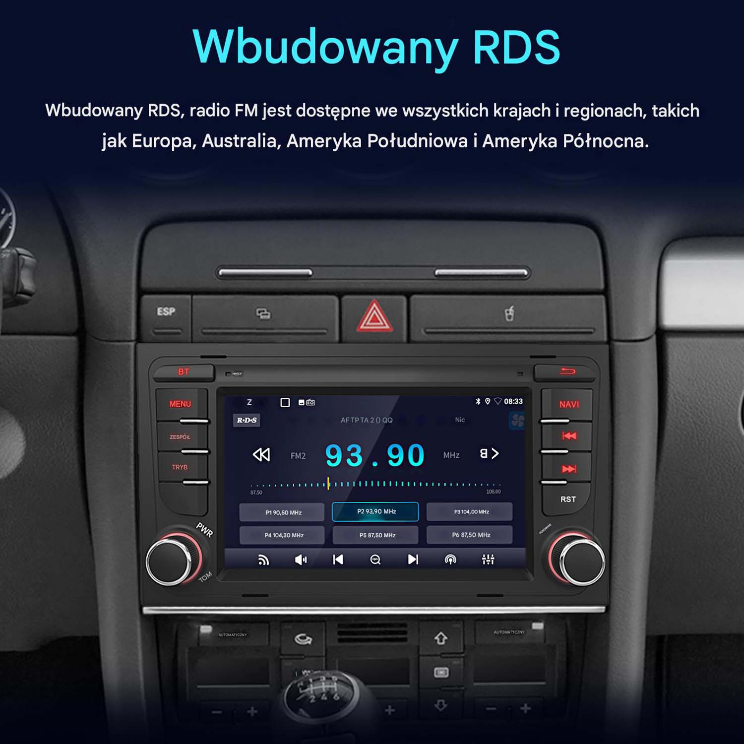 Radio samochodowe z ekranem wyświetlającym informacje radiowe. Tekst po polsku.