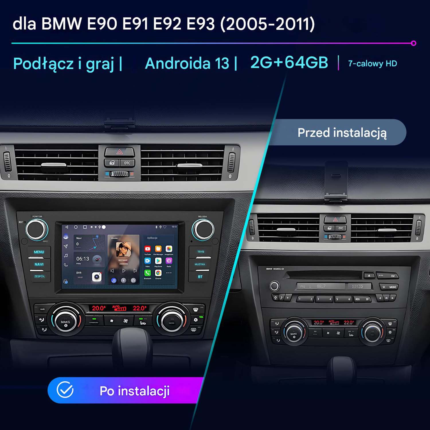 Instalacja systemu multimedialnego w samochodzie. Dwa ekrany, przed i po.