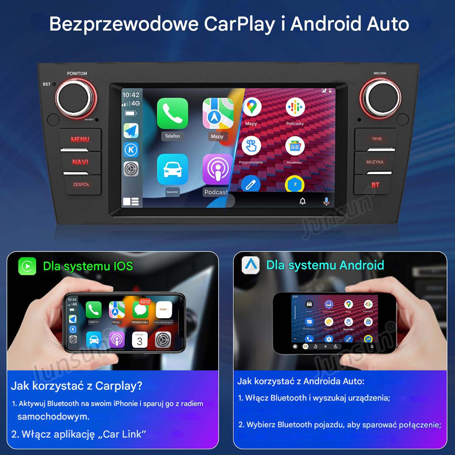 Bezprzewodowe CarPlay i Android Auto z interfejsami iPhone'a i telefonu z Androidem.
