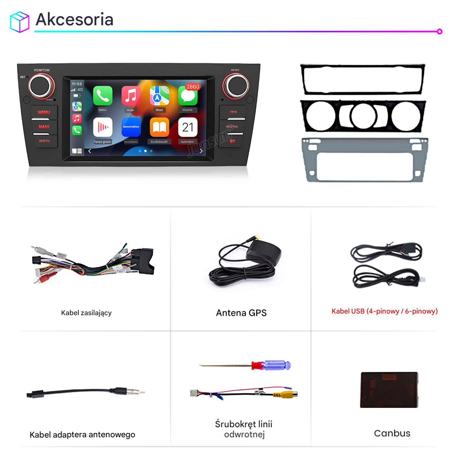 Schemat z akcesoriami do systemu informacyjno-rozrywkowego samochodu. Zawiera kable, antenę GPS i ekran.