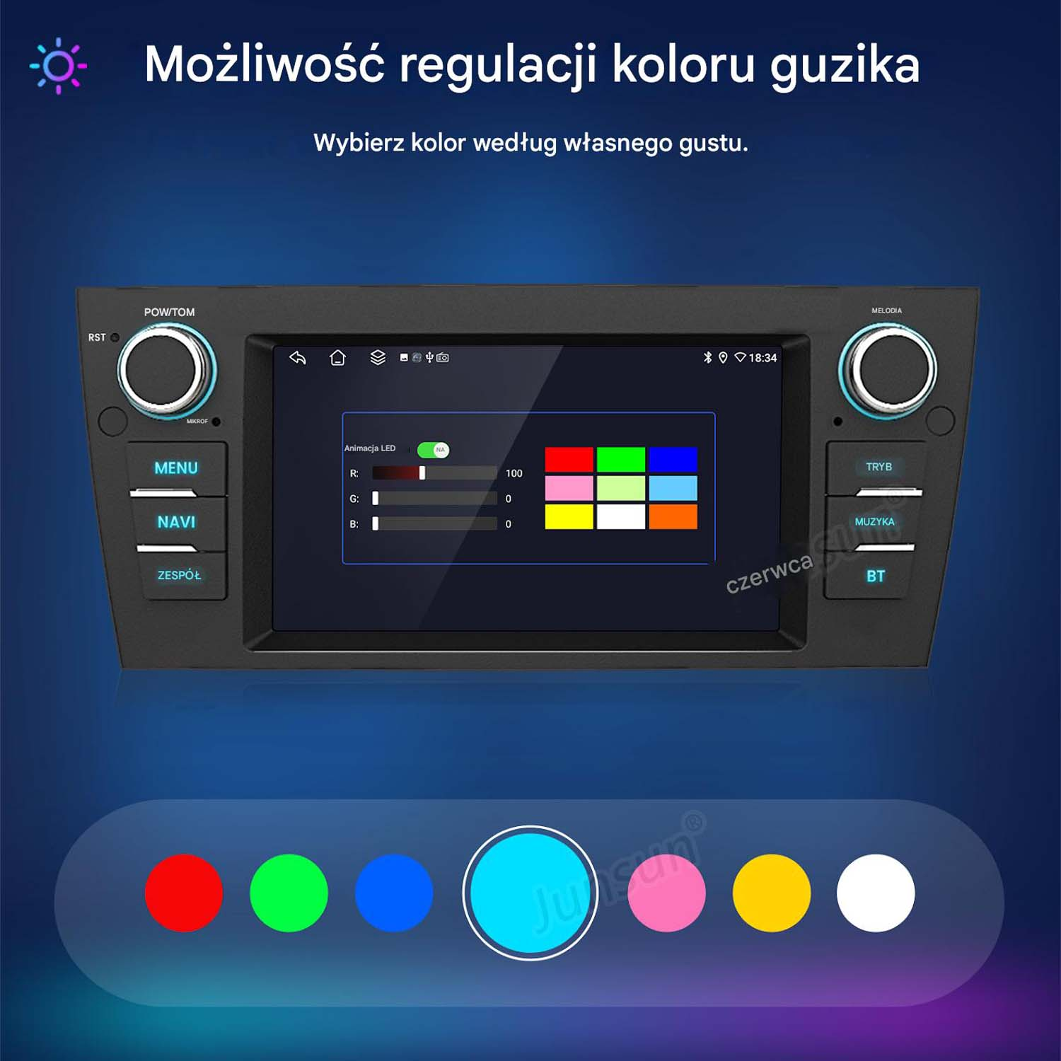 Interfejs systemu multimedialnego w samochodzie umożliwia regulację koloru przycisku.