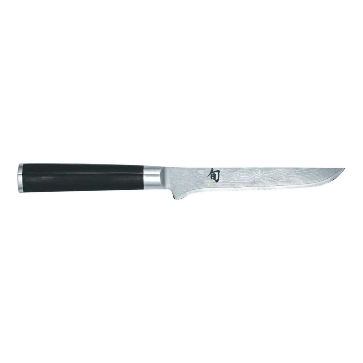 Ein Küchenmesser mit schwarzem Griff auf weißem Hintergrund.