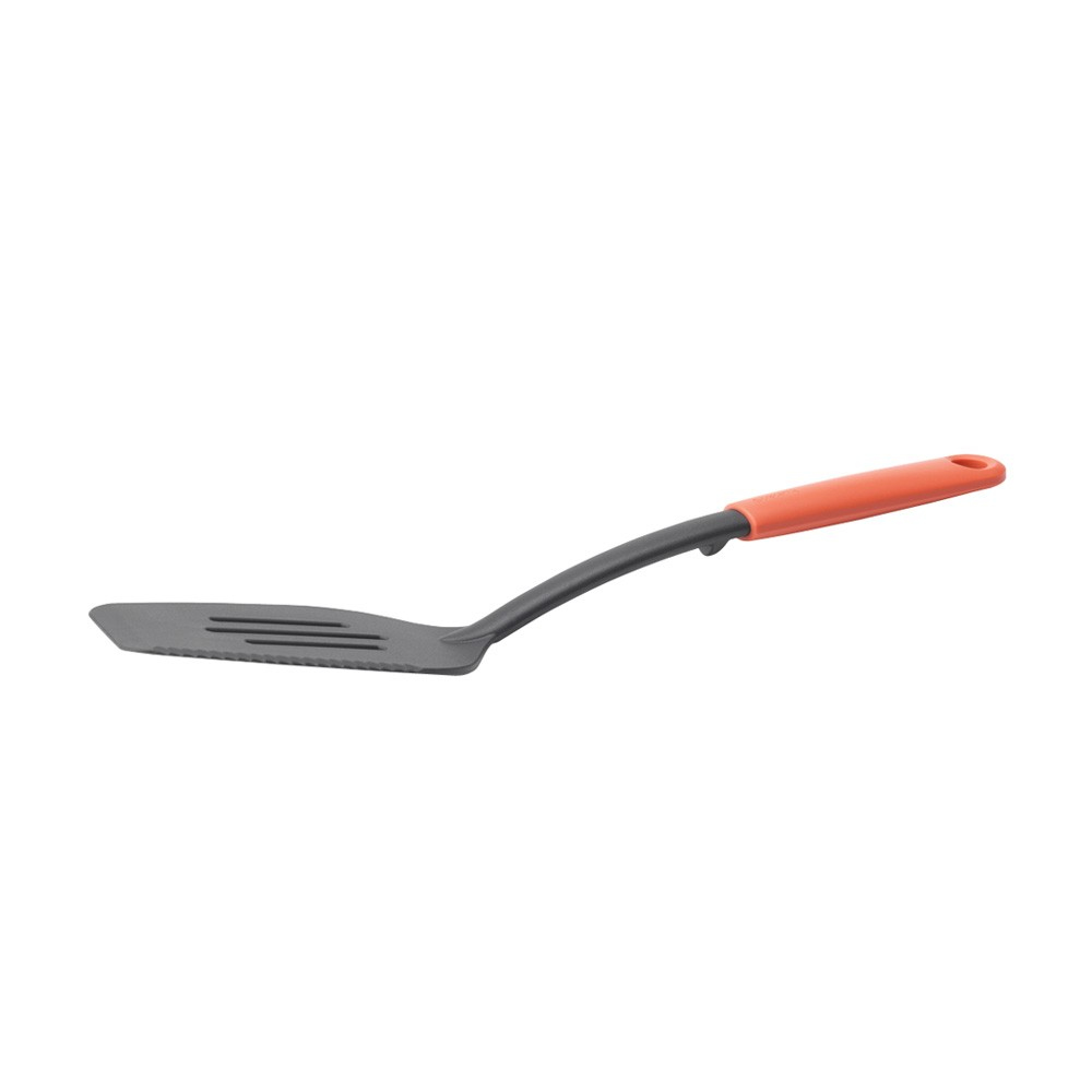 Ein Spatel mit schwarzem Kopf und orangefarbenem Griff.