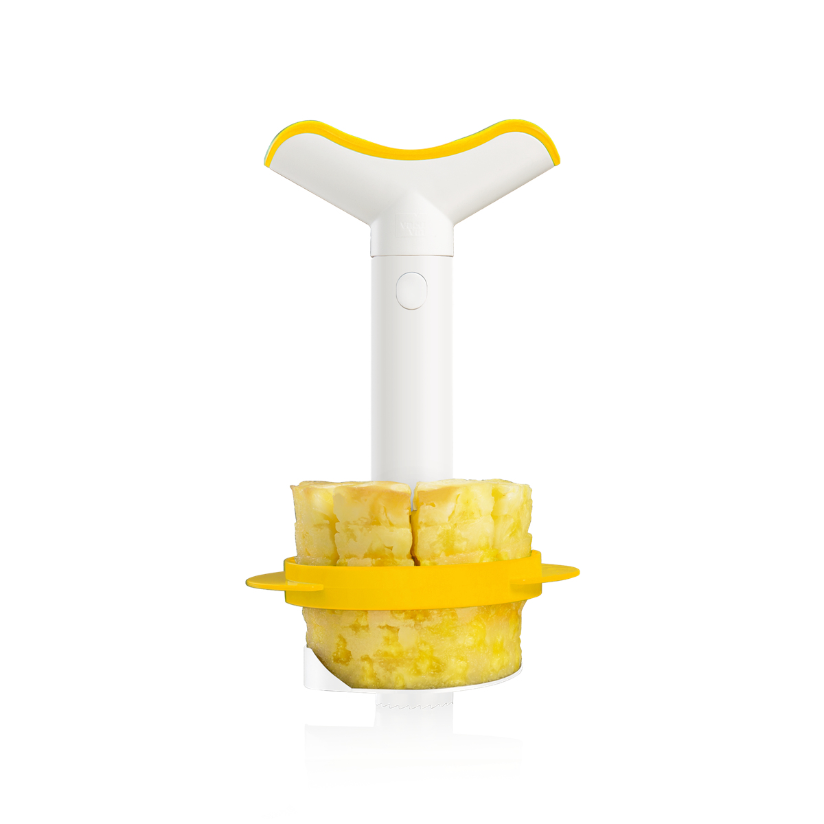 Ortasında bir ananas bölümü bulunan sarı ve beyaz bir ananas dilimleyici.