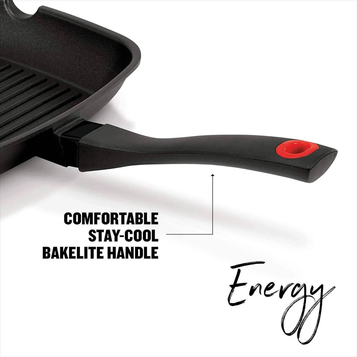 Nahaufnahme eines Grillpfannengriffs, Text: "Comfortable Stay-Cool Bakelite Handle".