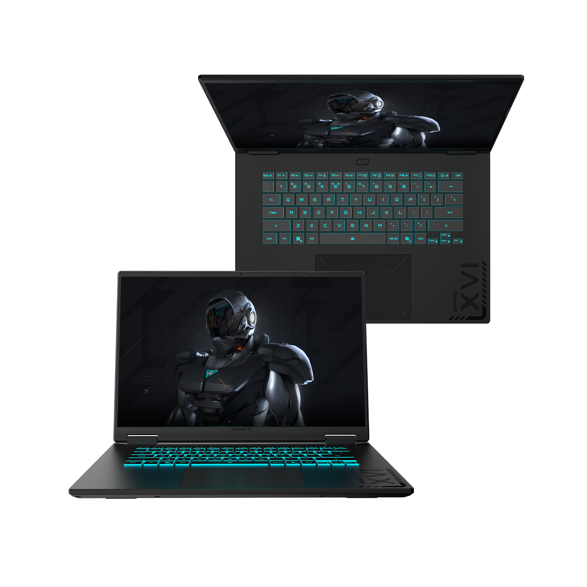Gigabyte Laptop, zwei Winkel. Schwarze Laptops, einer offen, einer geschlossen. Weißer Hintergrund.