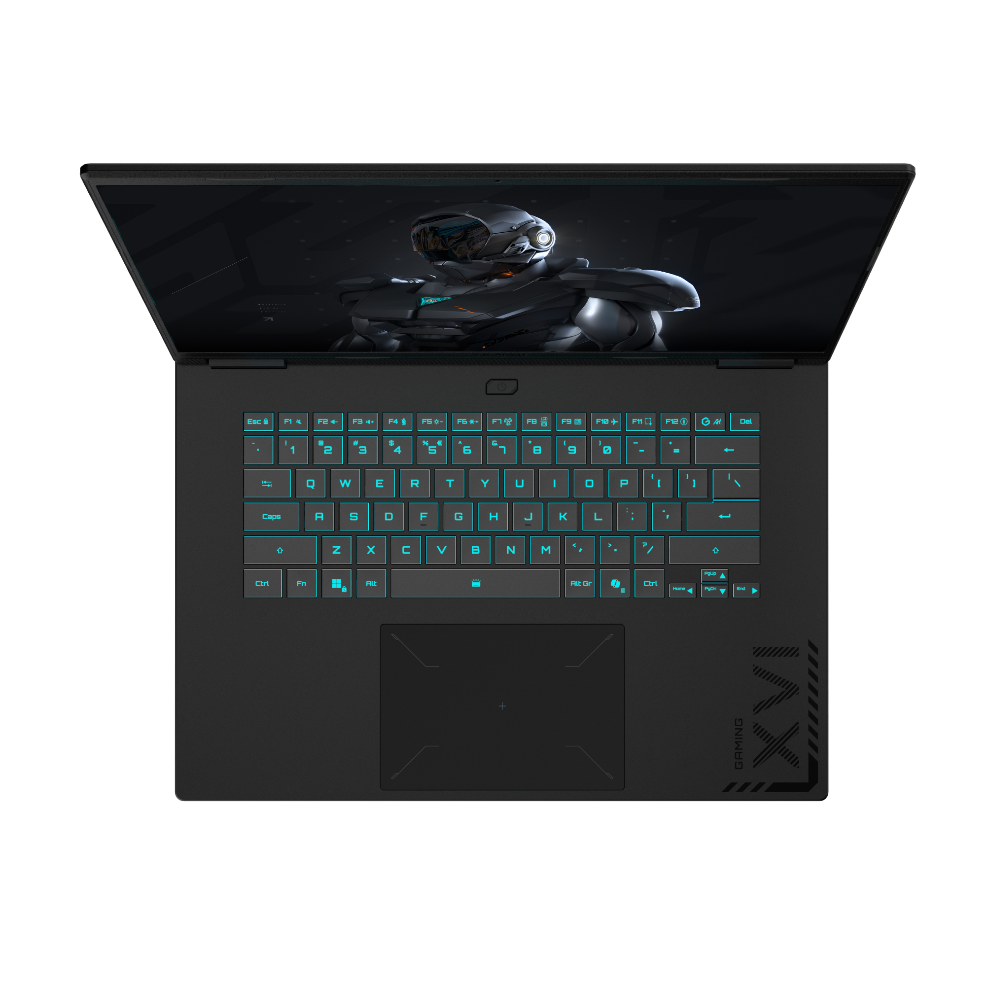 Schwarzer Gaming-Laptop, Draufsicht. Bildschirm zeigt Kriegerbild. Tastatur hat blaue Lichter. Gaming-Design.