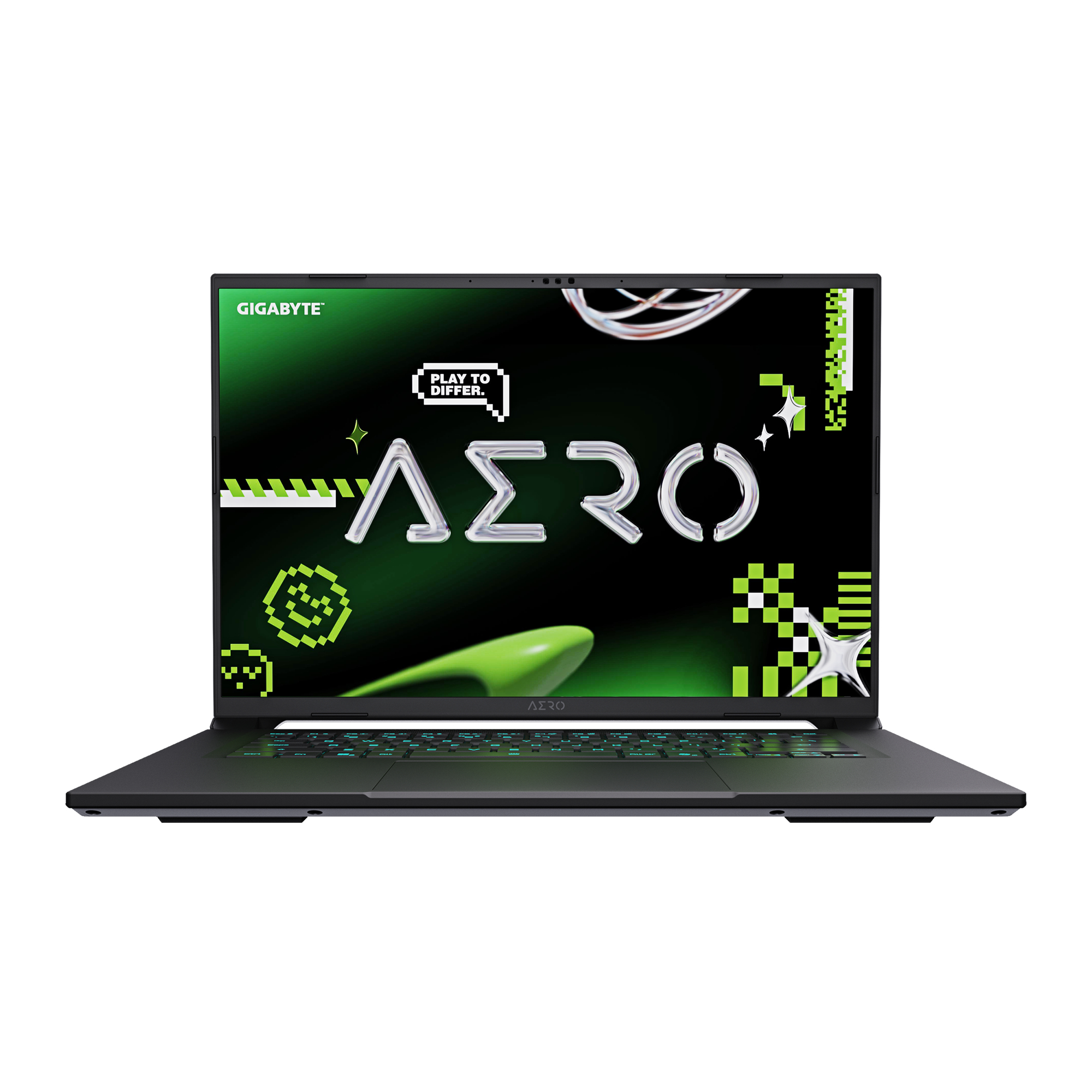 Laptop Gigabyte, otwarty z zielonym ekranem. Zielone akcenty, czarny korpus, logo AERO.
