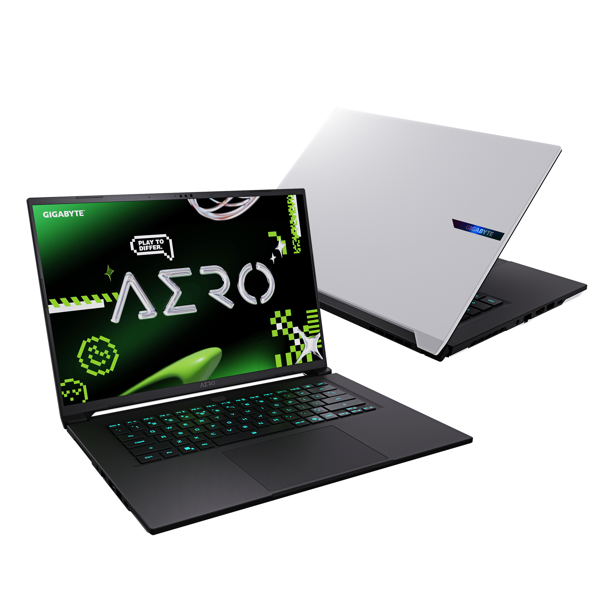 Laptop Gigabyte Aero, otwarty i zamknięty. Czarny korpus, zielone akcenty, biała pokrywa.