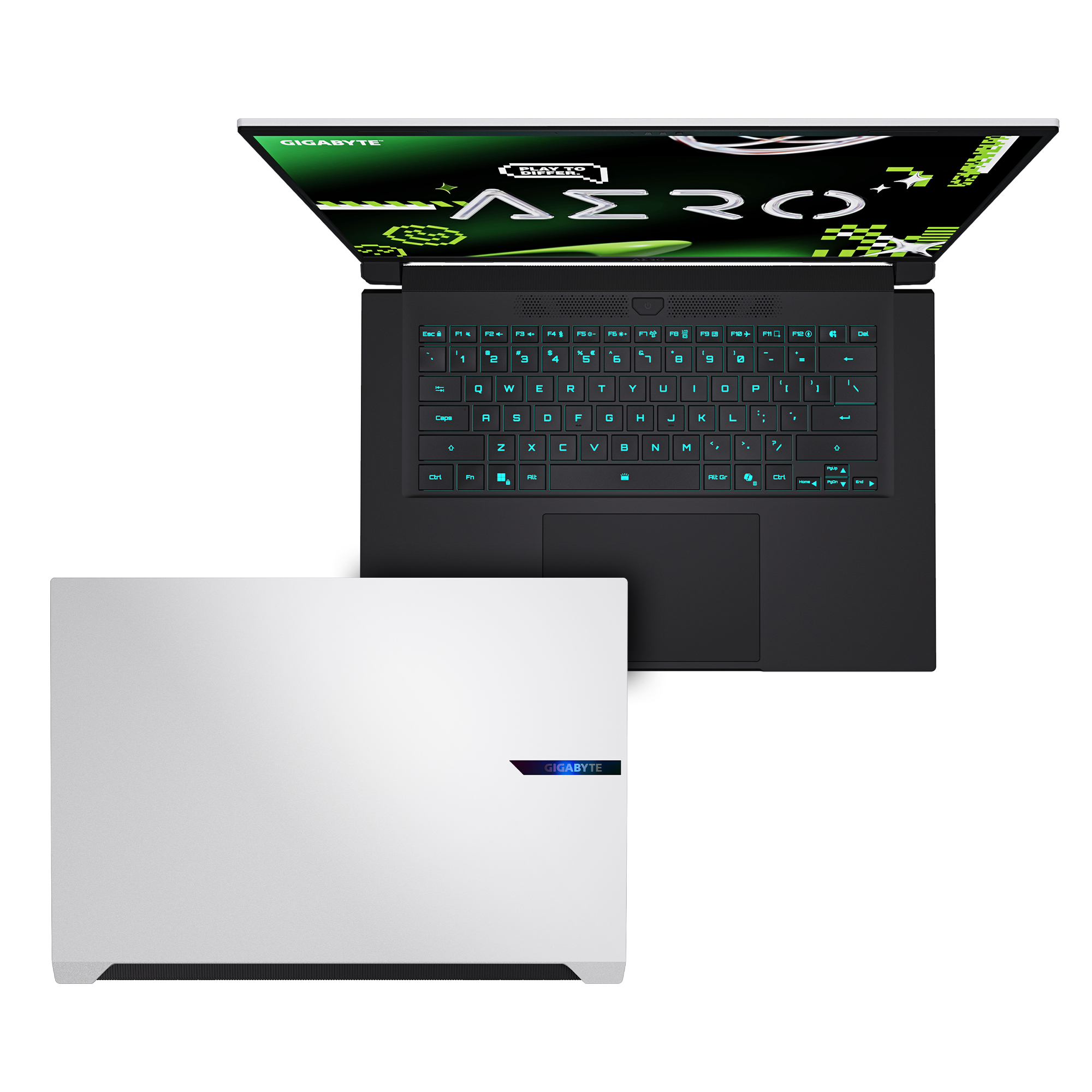 Laptop Gigabyte, widok z góry. Czarny korpus, otwarty z klawiaturą, biała pokrywa.