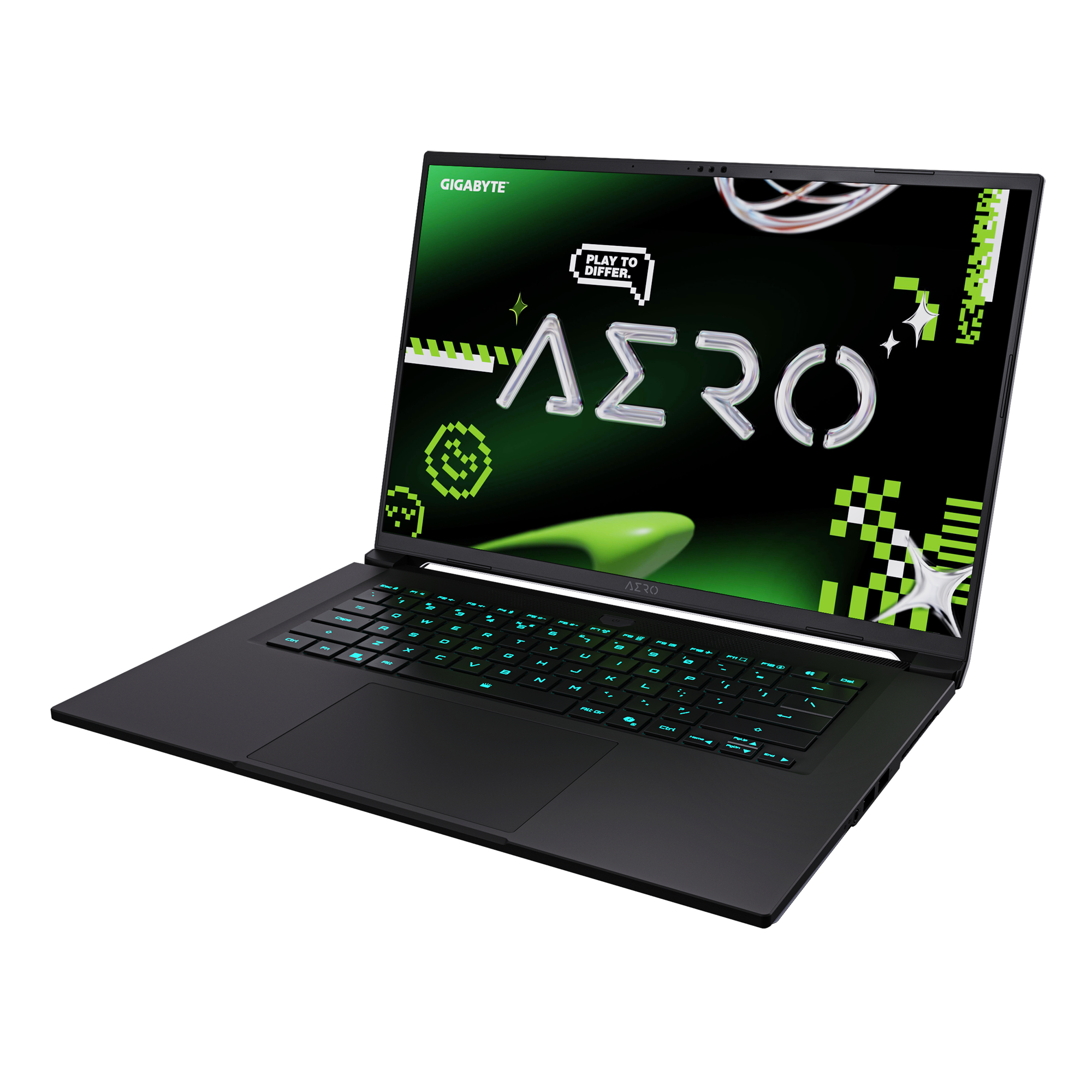 Laptop Gigabyte Aero, aperto. Nero, accenti verdi, schermo verde, Play to Differ.
