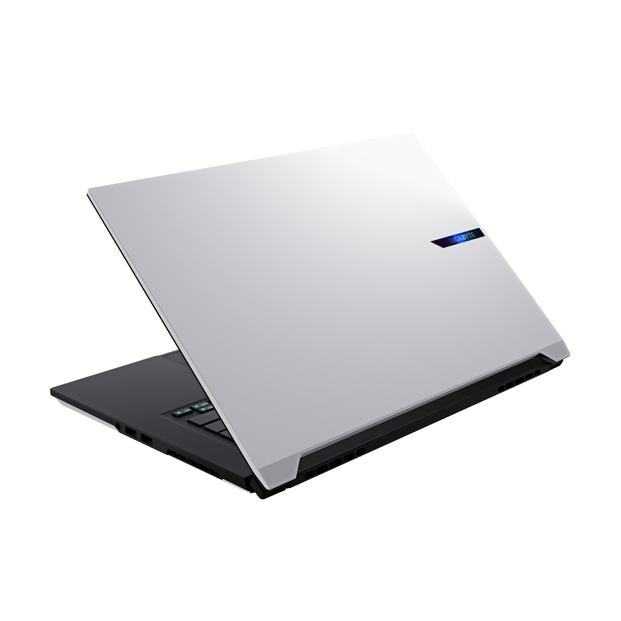 Laptop Gigabyte, vista posteriore angolata. Coperchio bianco, base nera, logo Gigabyte.