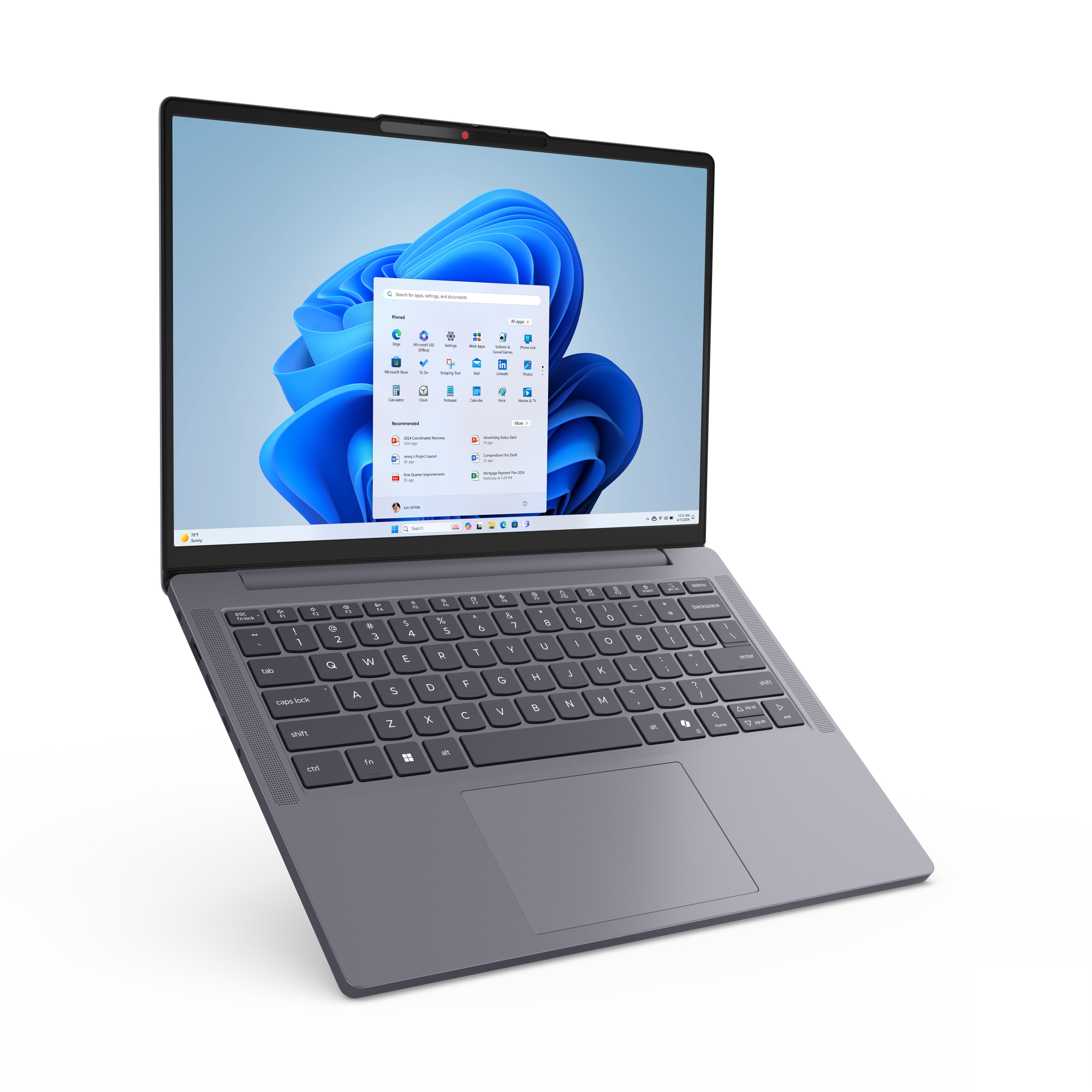 Ein Laptop ist geöffnet und zeigt eine Windows 11-Oberfläche. Der Bildschirm zeigt App-Symbole, mit blauem Hintergrund.