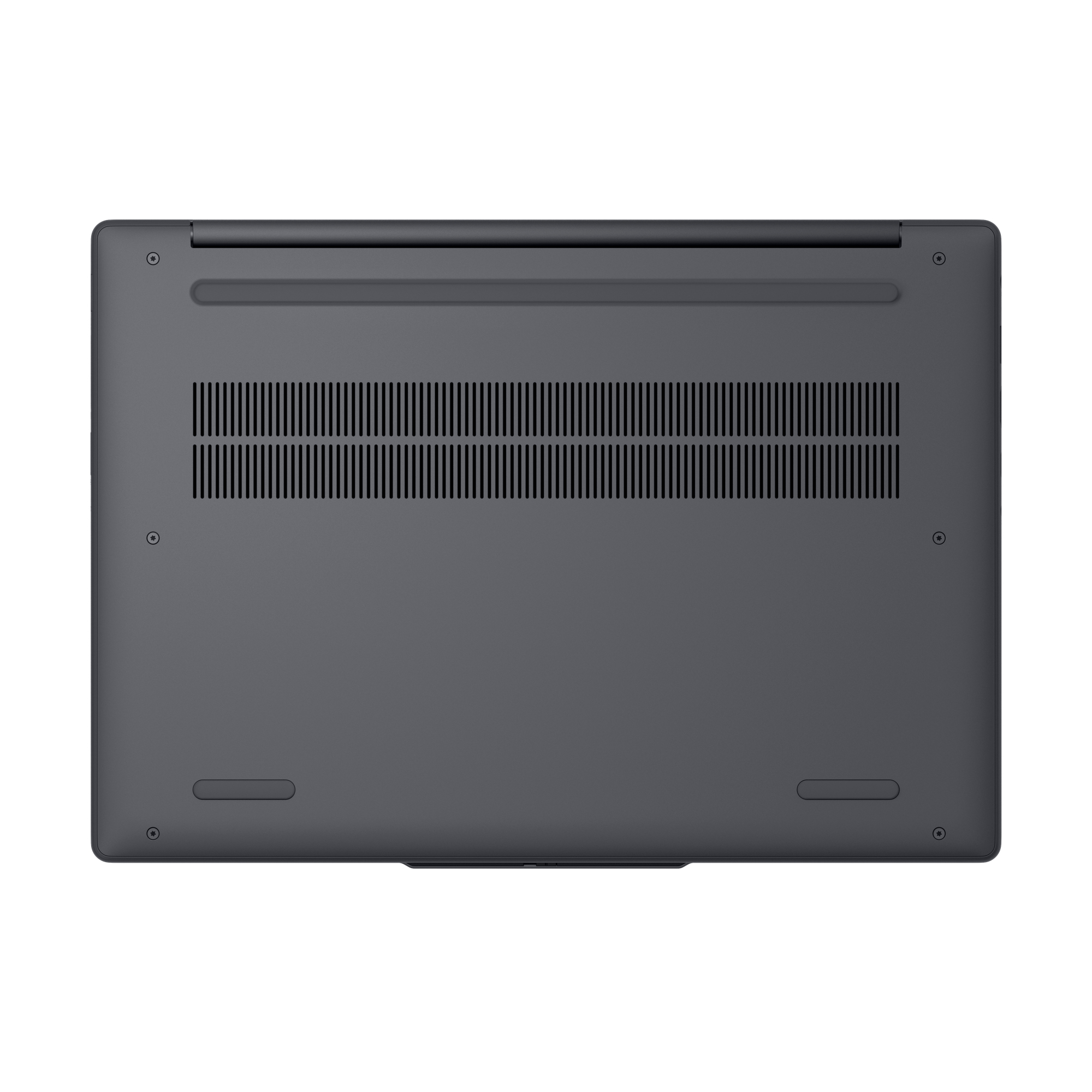 Dunkelgrauer Laptop-Boden mit Lüftungsschlitzen, Schraubenlöchern und Öffnungen.