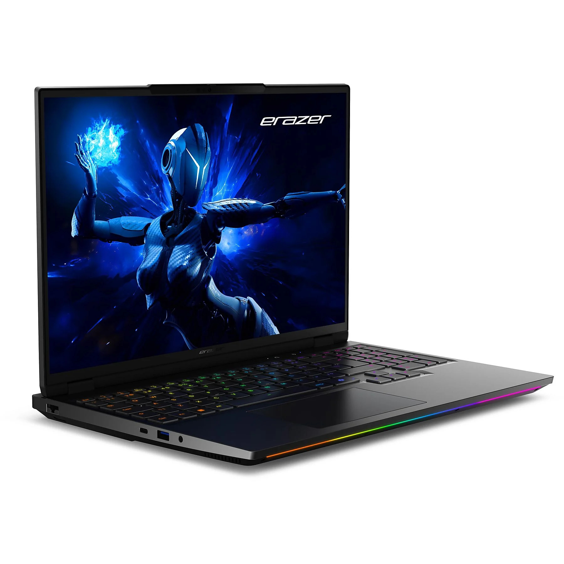 Portátil gaming Erazer abierto, pantalla muestra robot con esfera de energía azul. Cuerpo negro, luces RGB.