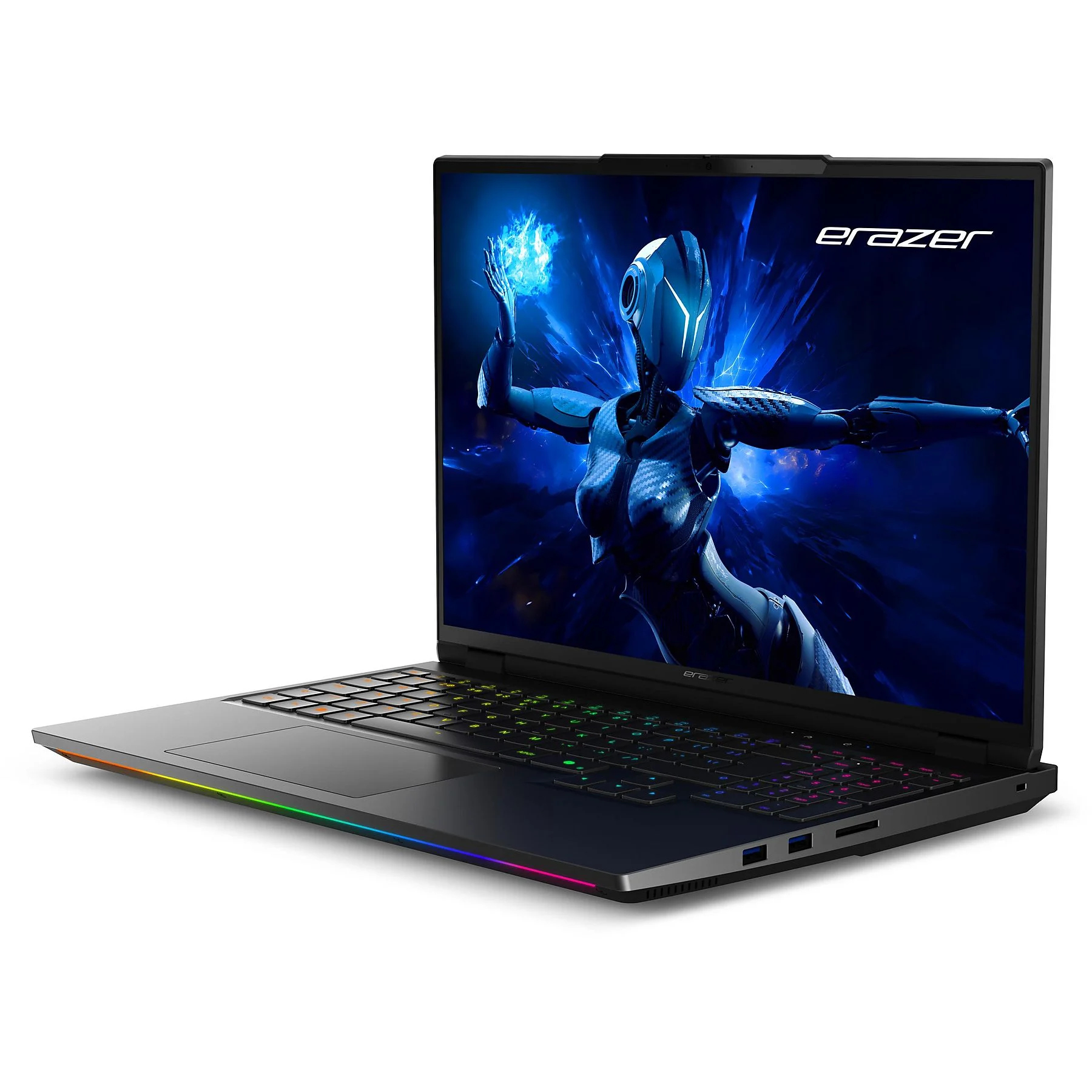 Portátil abierto. Marca Eraser. Pantalla muestra escena futurista. Teclado y luces coloridos.