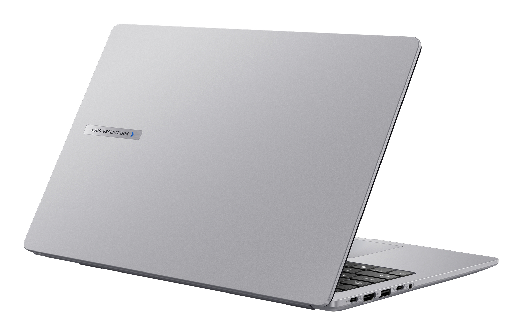Srebrny laptop, zamknięty, pokazujący tył z logo ASUS ExpertBook. Białe tło.