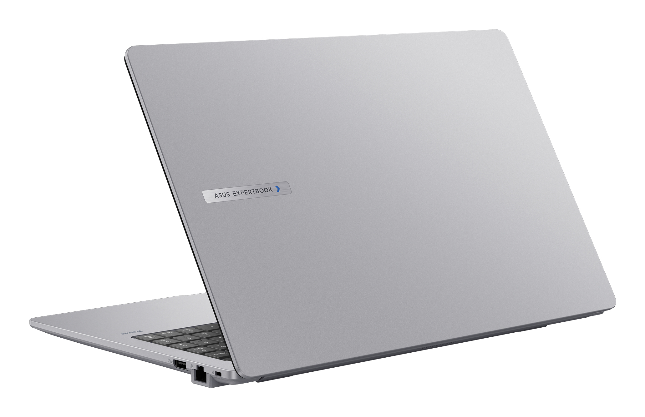 Srebrny laptop, zamknięty, widok z tyłu z logo ASUS ExpertBook. Białe tło.