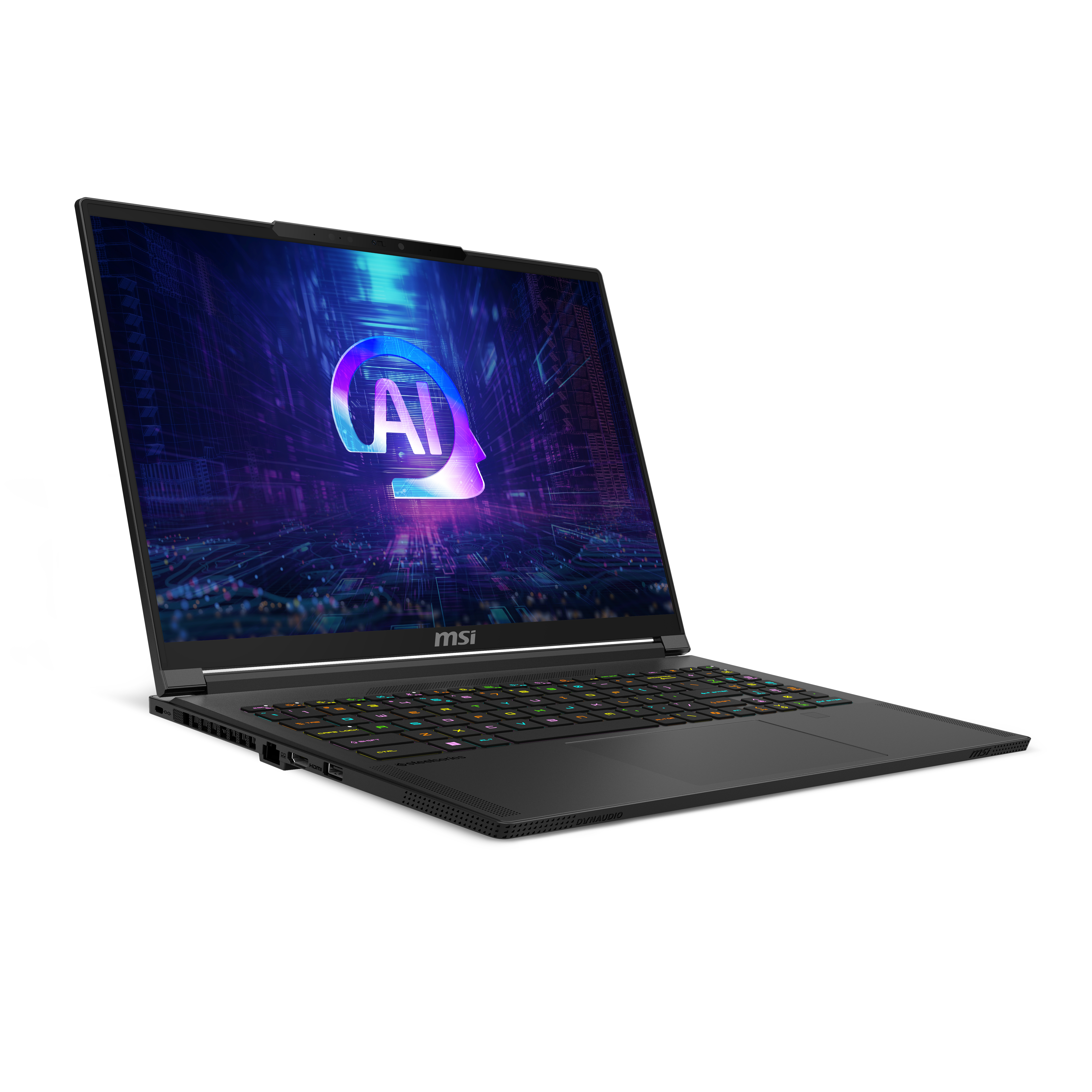 Ordinateur portable MSI noir, logo AI sur l'écran. Le clavier est rétroéclairé avec diverses couleurs, vue en angle.