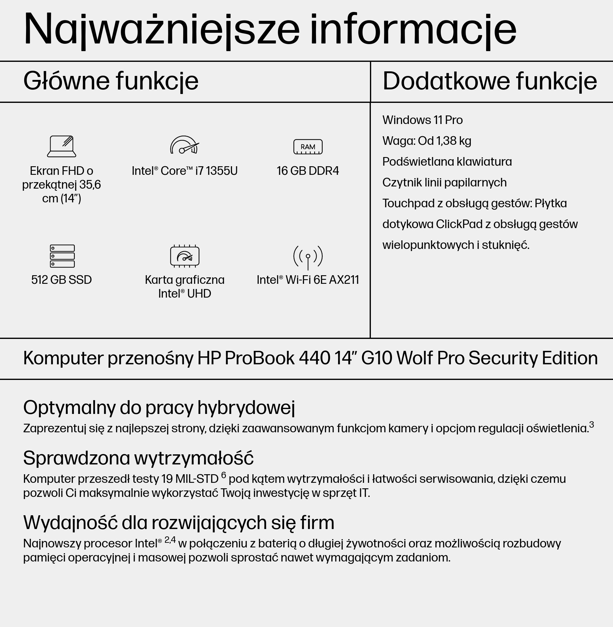 Informatieve tekst over een laptop en zijn functies, waaronder Windows 11 Pro en het gewicht.