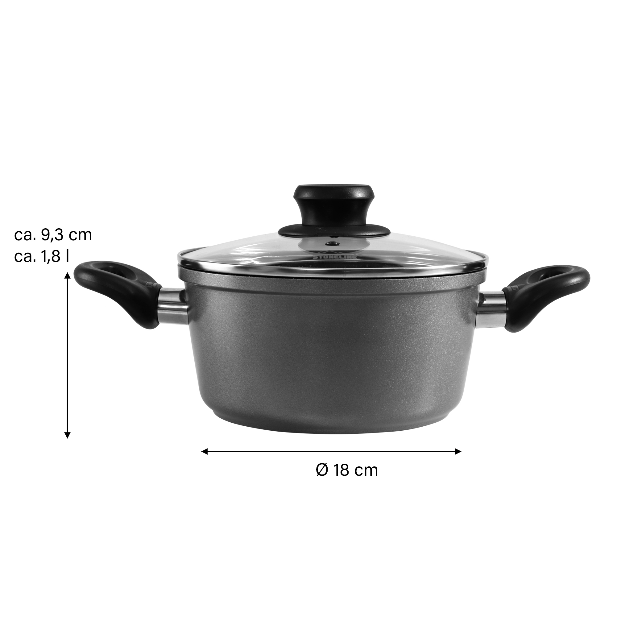 Ciemnoszary garnek z wymiarami. Garnek ma dwa uchwyty i pokrywkę.
