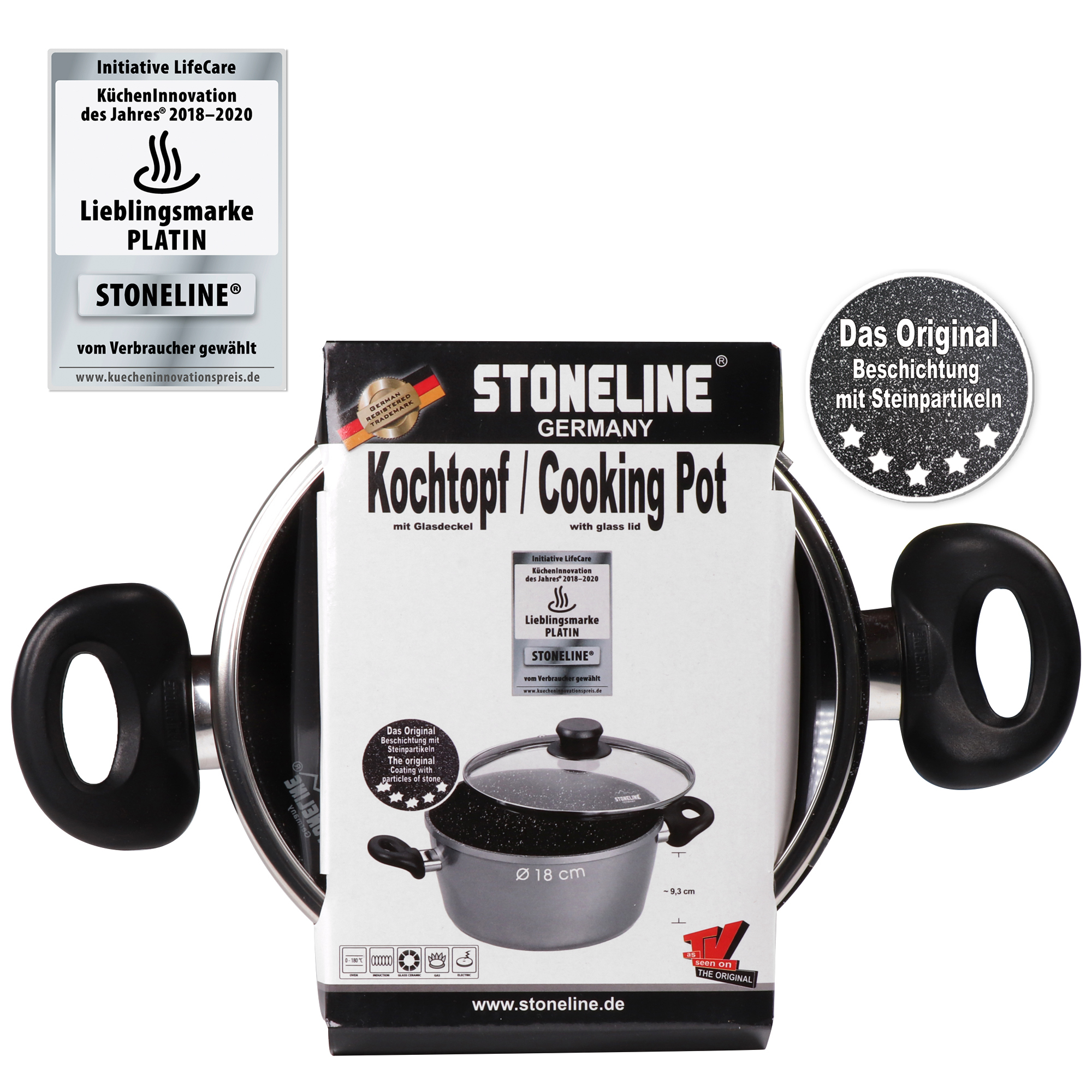 Garnek z pokrywką i etykietą produktu. Posiada dwa uchwyty i przezroczystą pokrywkę.