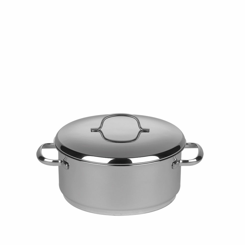 Garnek ze stali nierdzewnej z pokrywką. Pokrywka ma uchwyt.