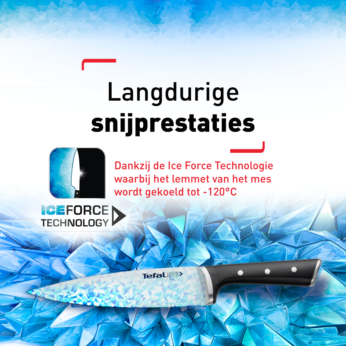 Nóż z czarnym uchwytem. Tekst mówi 'Ice Force Technology'. Niebieskie i białe tło.