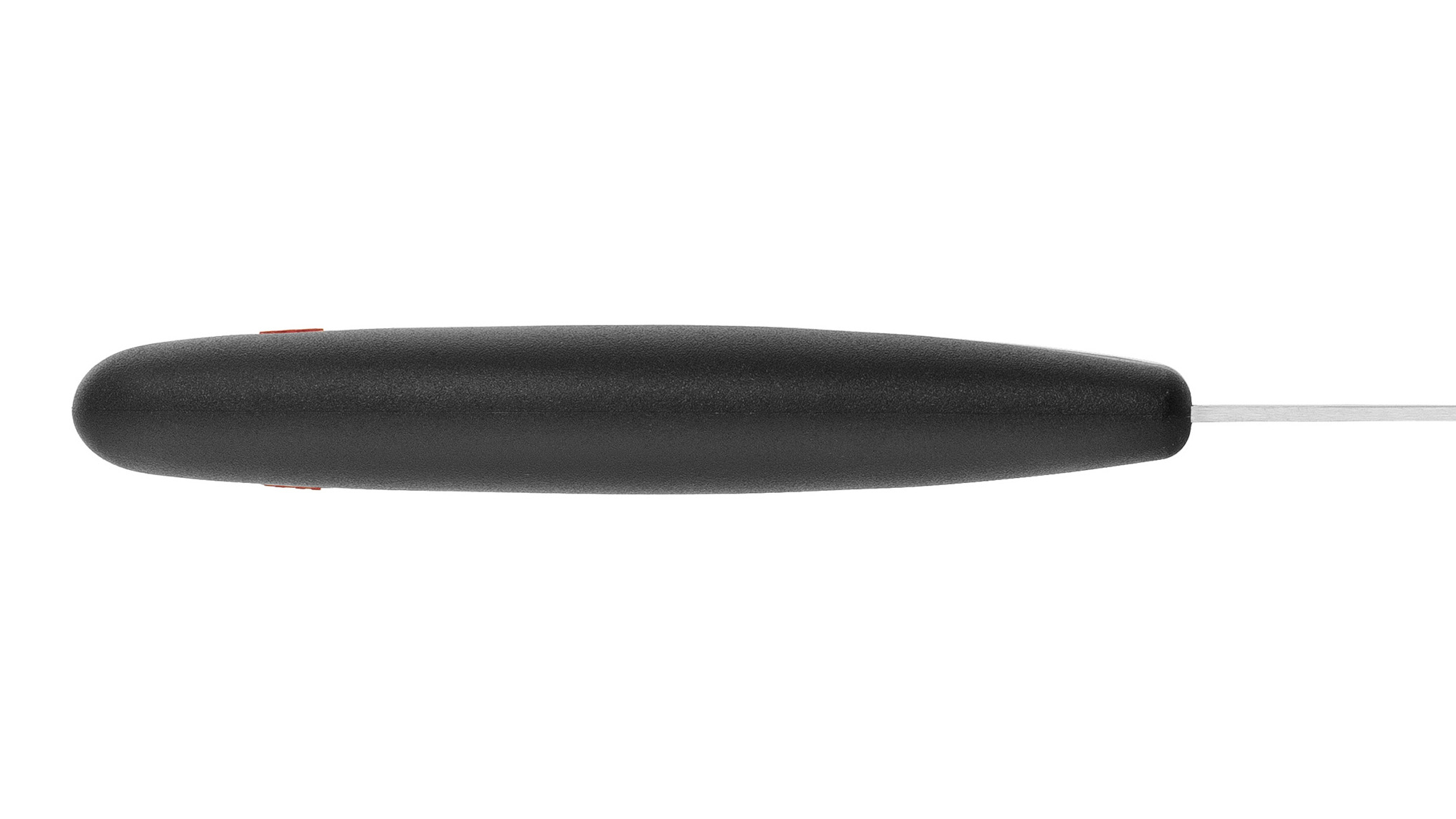 Nahaufnahme eines schwarzen Messergriffs mit rotem Punkt auf weißem Hintergrund.