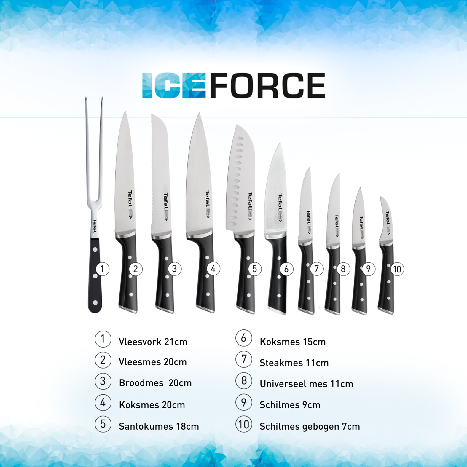 Zestaw dziesięciu noży Tefal Ice Force, z czarnymi uchwytami i srebrnymi ostrzami, na niebieskim tle.