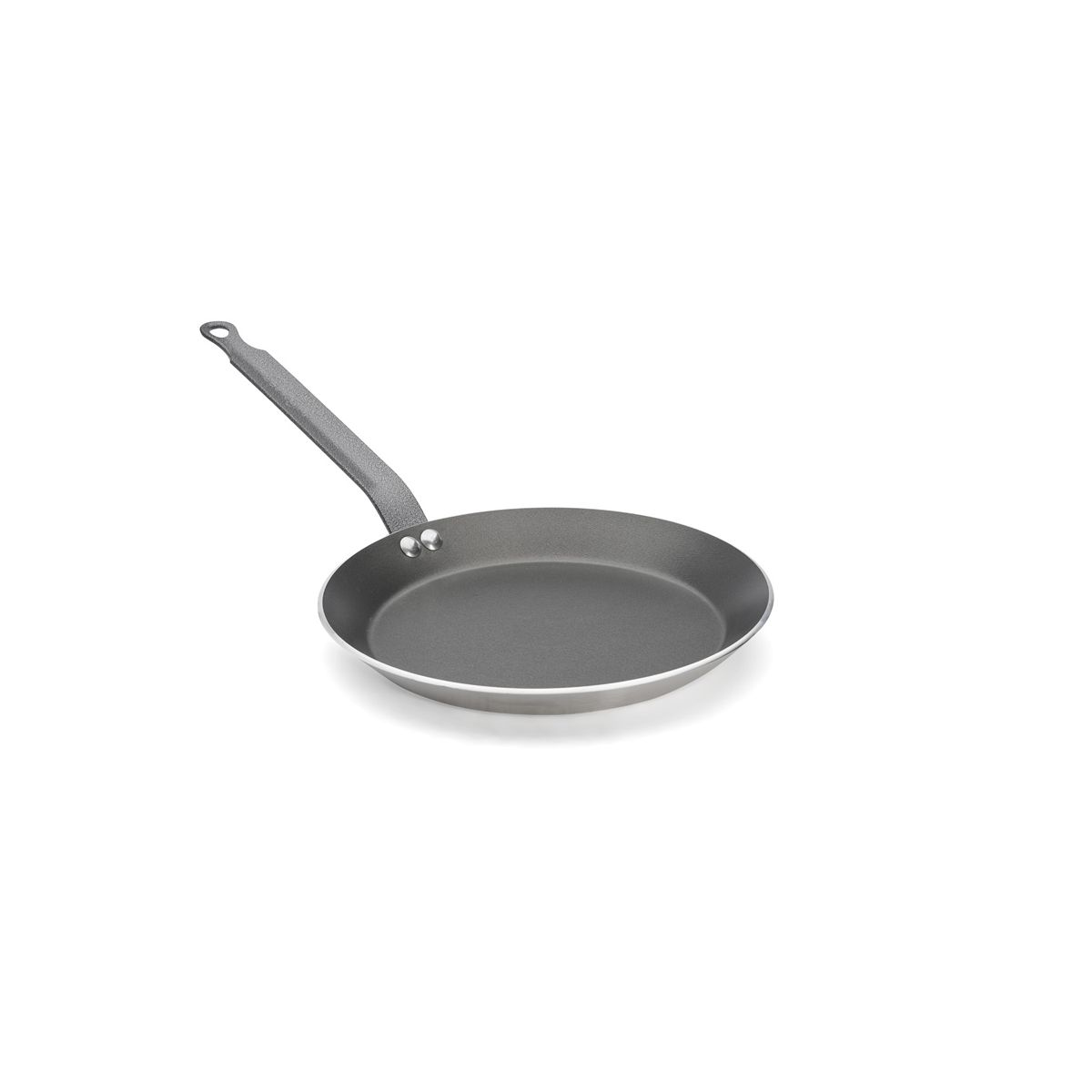 A small, grey frying pan with a long handle on a white background.