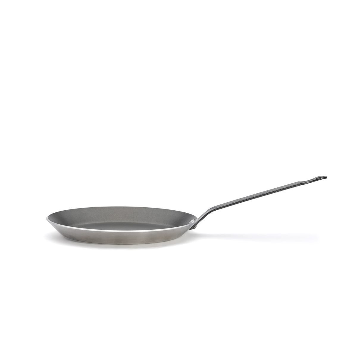 A gray frying pan with a long handle on a white background.