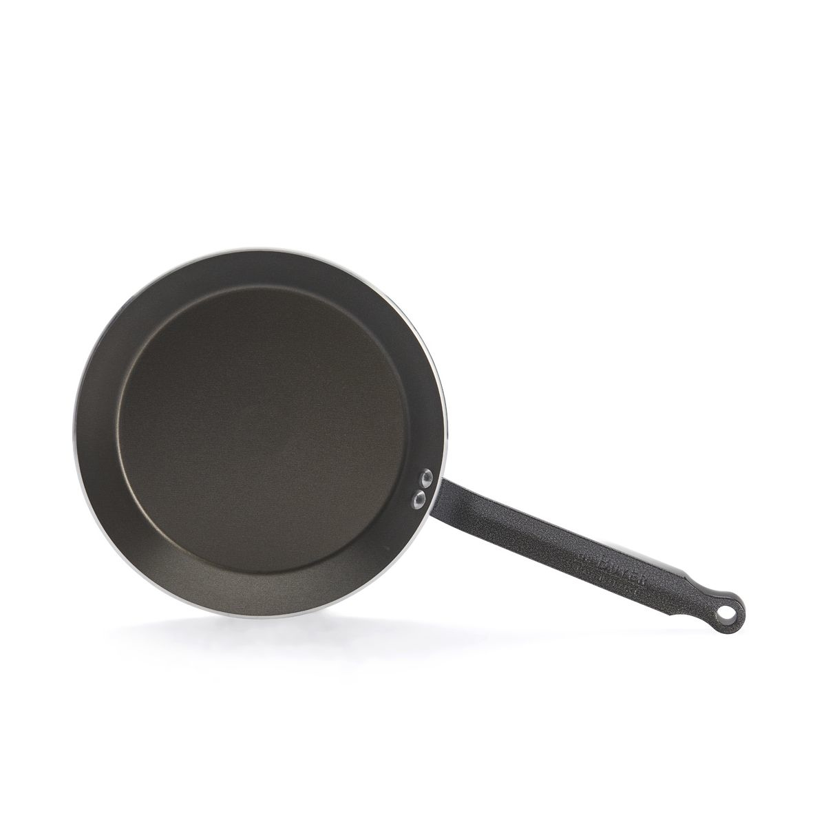 A gray frying pan with a long handle on a white background.