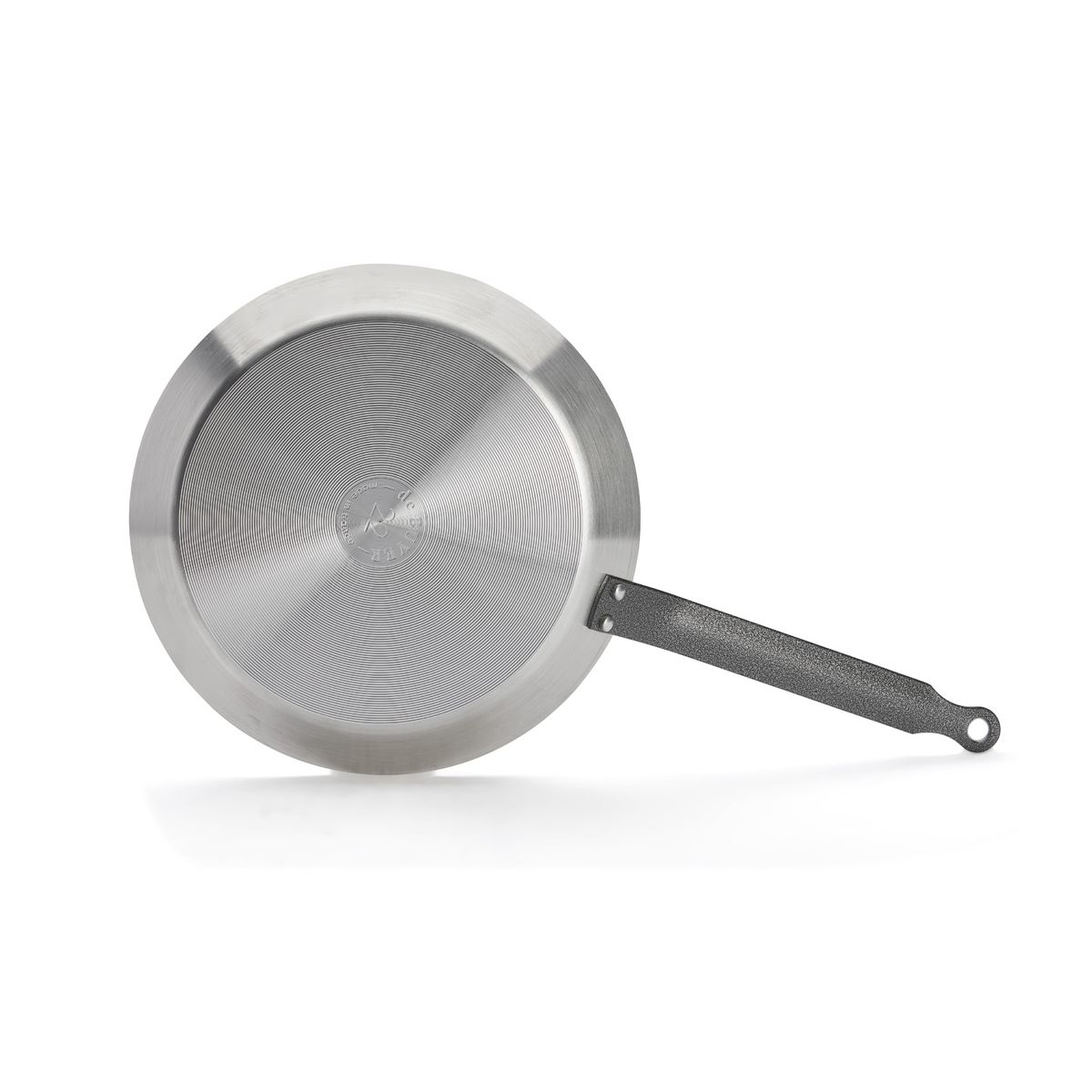 The bottom of a gray frying pan with a long handle on a white background.